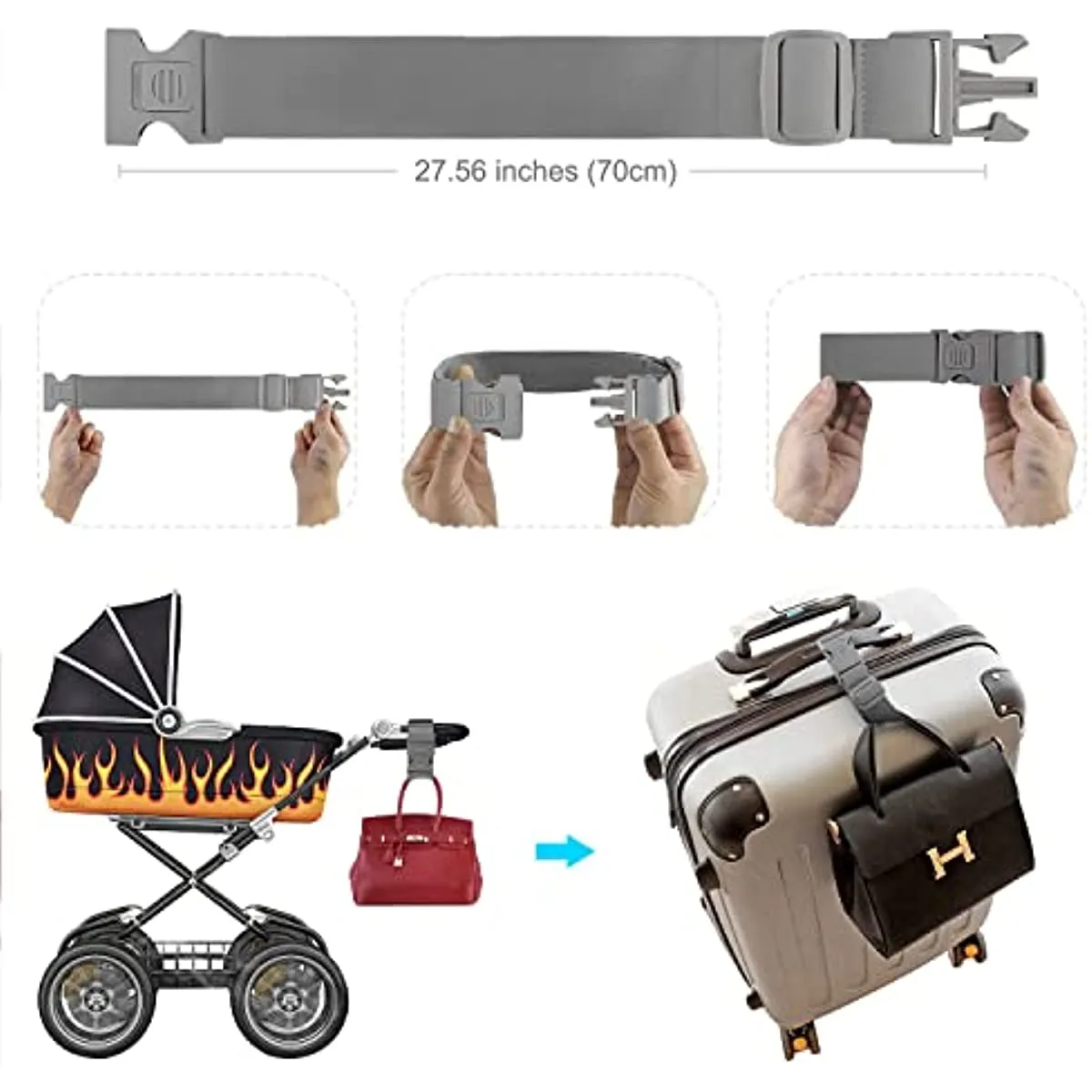 2 PCS High Elastic Luggage Straps with Anti-Pinch Buckles, Heavy Duty Bag Bungees Travel Accessories, One Short and One Long,Gray