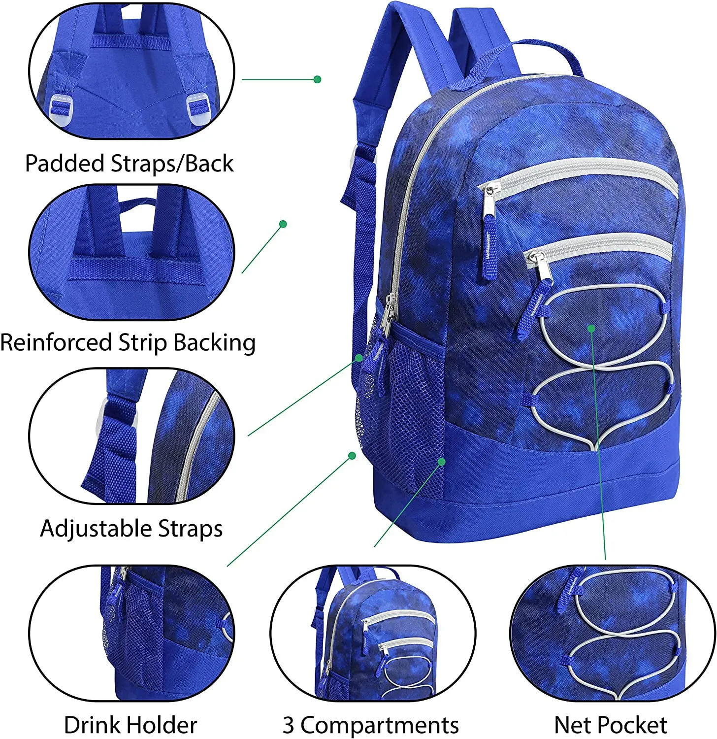 24 Pack of 17" Bungee and Deluxe Wholesale Backpack in Assorted Color and Prints - Bulk Case of 24