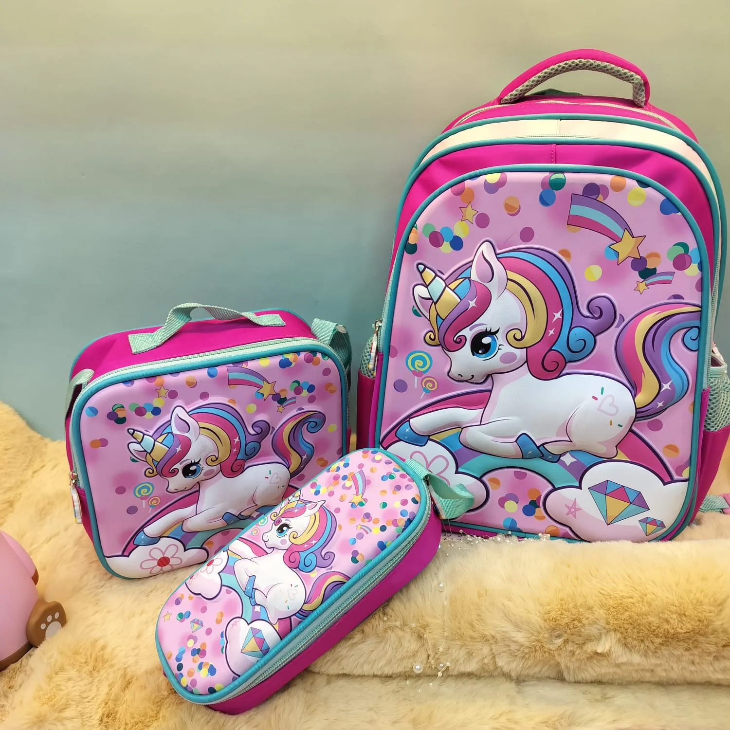 3-in-1 3D Emboss Print Cartoon Design Backpacks.