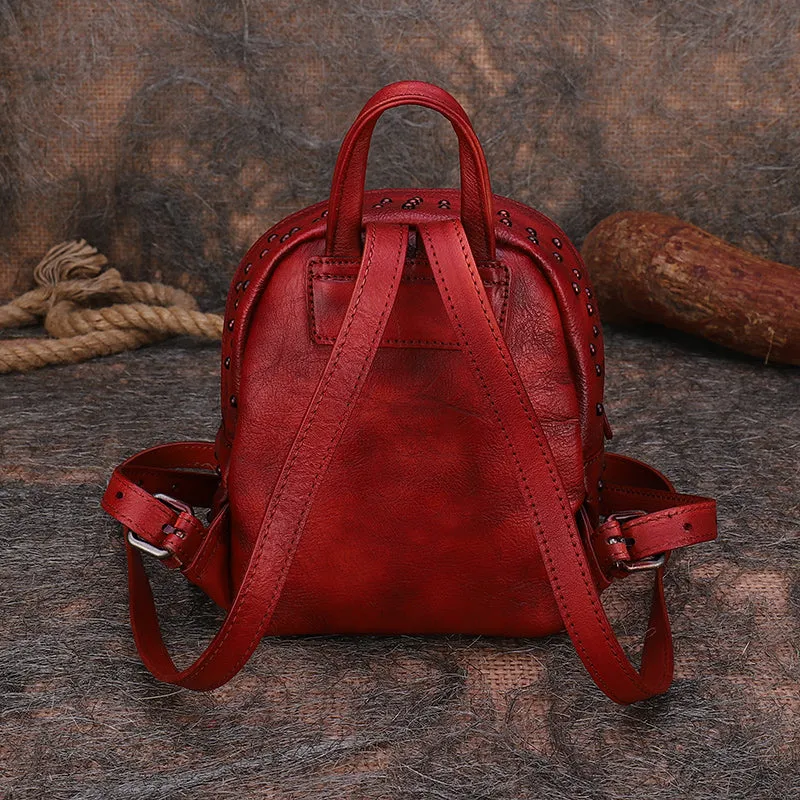 Best Vintage Rivets Red Leather Rucksack Womens Small School Rucksack Leather Backpack Purse