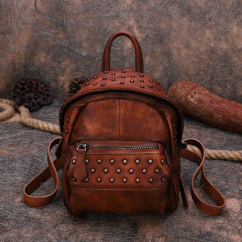 Best Vintage Rivets Red Leather Rucksack Womens Small School Rucksack Leather Backpack Purse