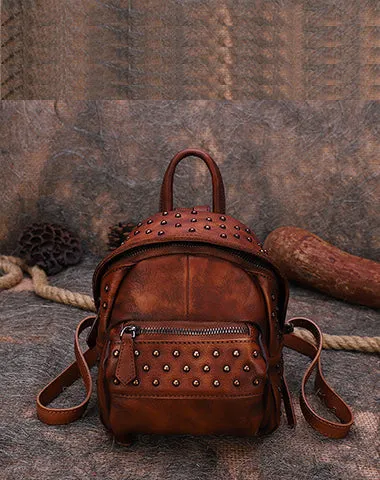 Best Vintage Rivets Red Leather Rucksack Womens Small School Rucksack Leather Backpack Purse