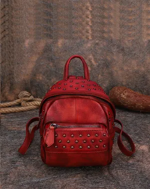 Best Vintage Rivets Red Leather Rucksack Womens Small School Rucksack Leather Backpack Purse