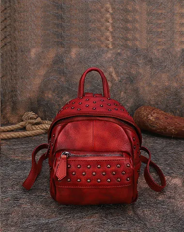 Best Vintage Rivets Red Leather Rucksack Womens Small School Rucksack Leather Backpack Purse