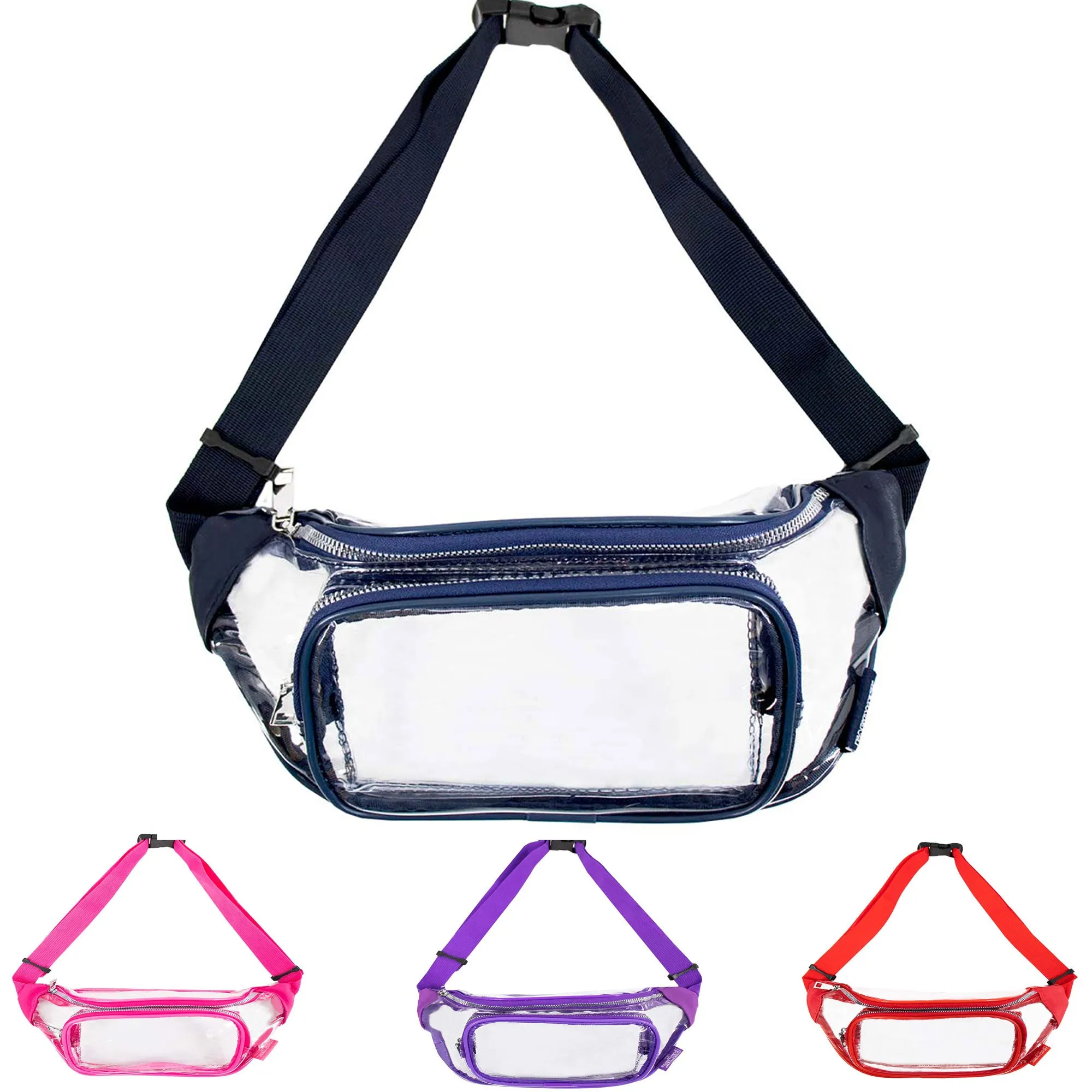 CLEARANCE CLEAR FANNY PACKS (CASE OF 24 - $2.50 / PIECE) - Transparent Wholesale Fanny Packs Assorted Colors SKU: F107-ASST-24