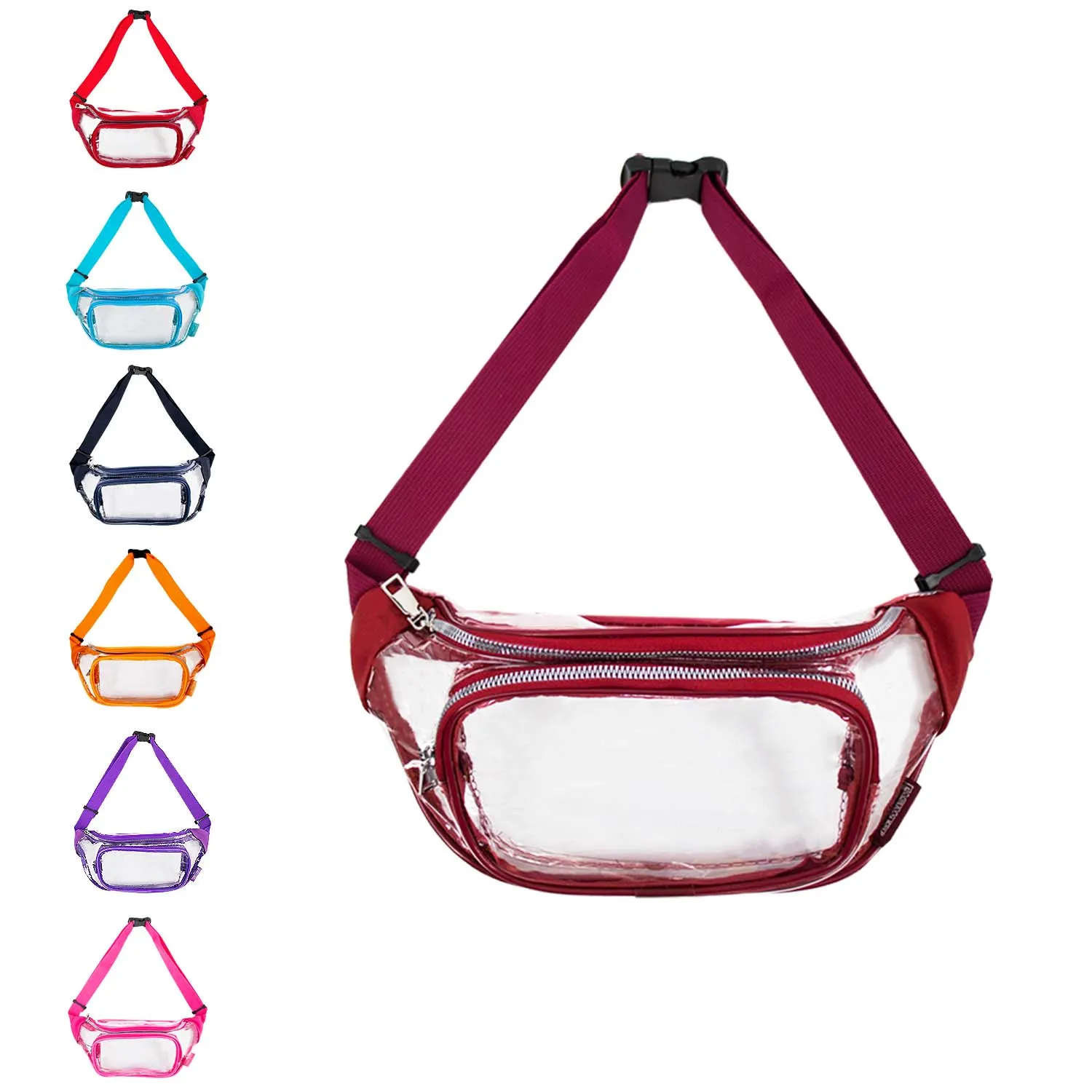 CLEARANCE CLEAR FANNY PACKS (CASE OF 24 - $2.50 / PIECE) - Transparent Wholesale Fanny Packs Assorted Colors SKU: F107-ASST-24