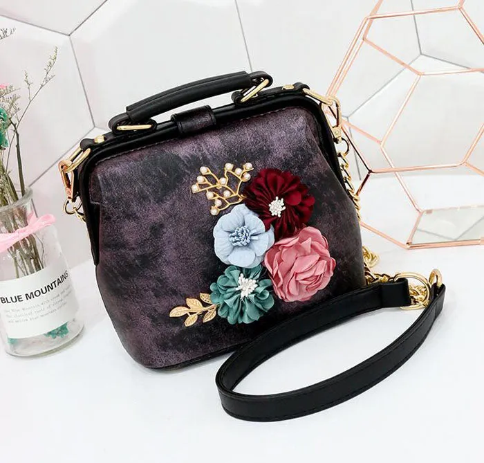 Color Block Shoulder Flower Tote Bag