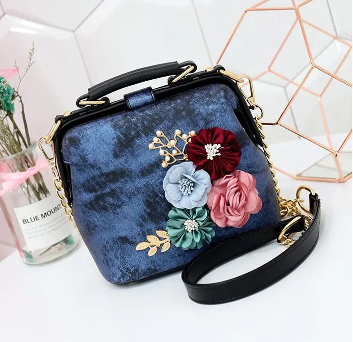 Color Block Shoulder Flower Tote Bag