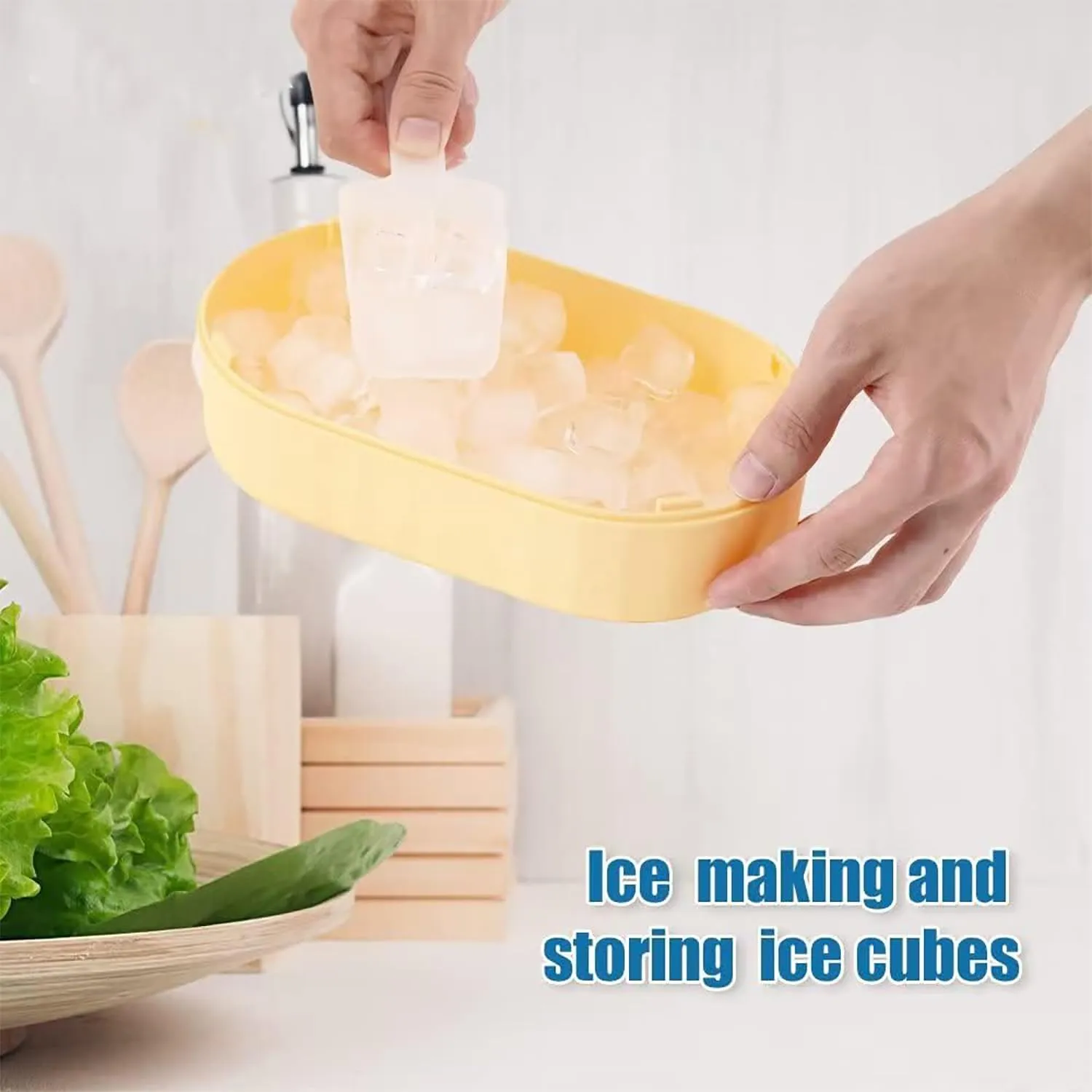 Homestic 2 Layer Ice Cube Tray with Lid | Ice Cube Storage Box with Ice Scoop | 72 Ice Cube Molds for Freezing | One-Press Demolding | BPA Free | Yellow