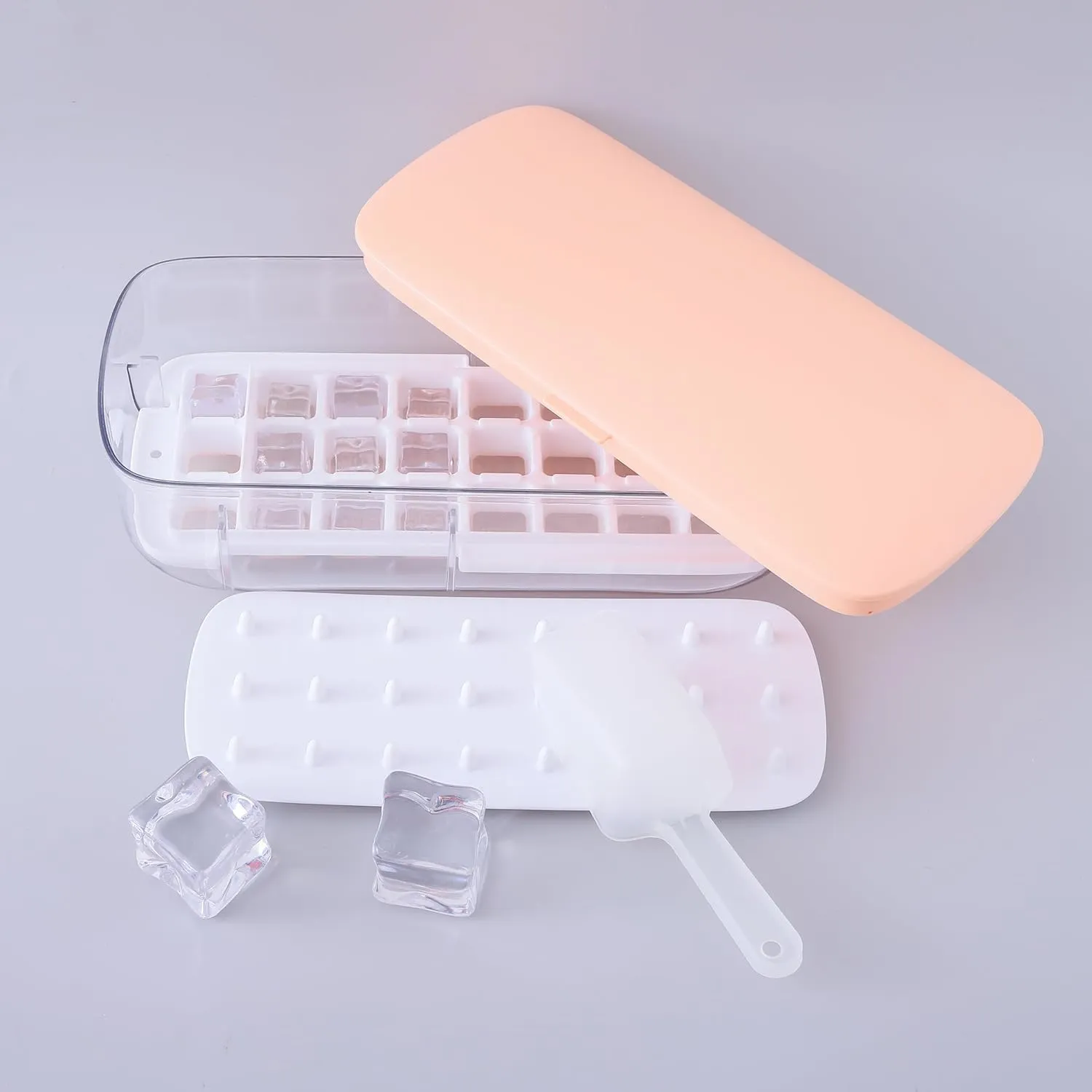 Homestic Ice Cube Tray with Lid | Ice Cube Storage Box with Ice Scoop | 24 Ice Cube Molds for Freezing | One-Press Demolding | BPA Free | Pink