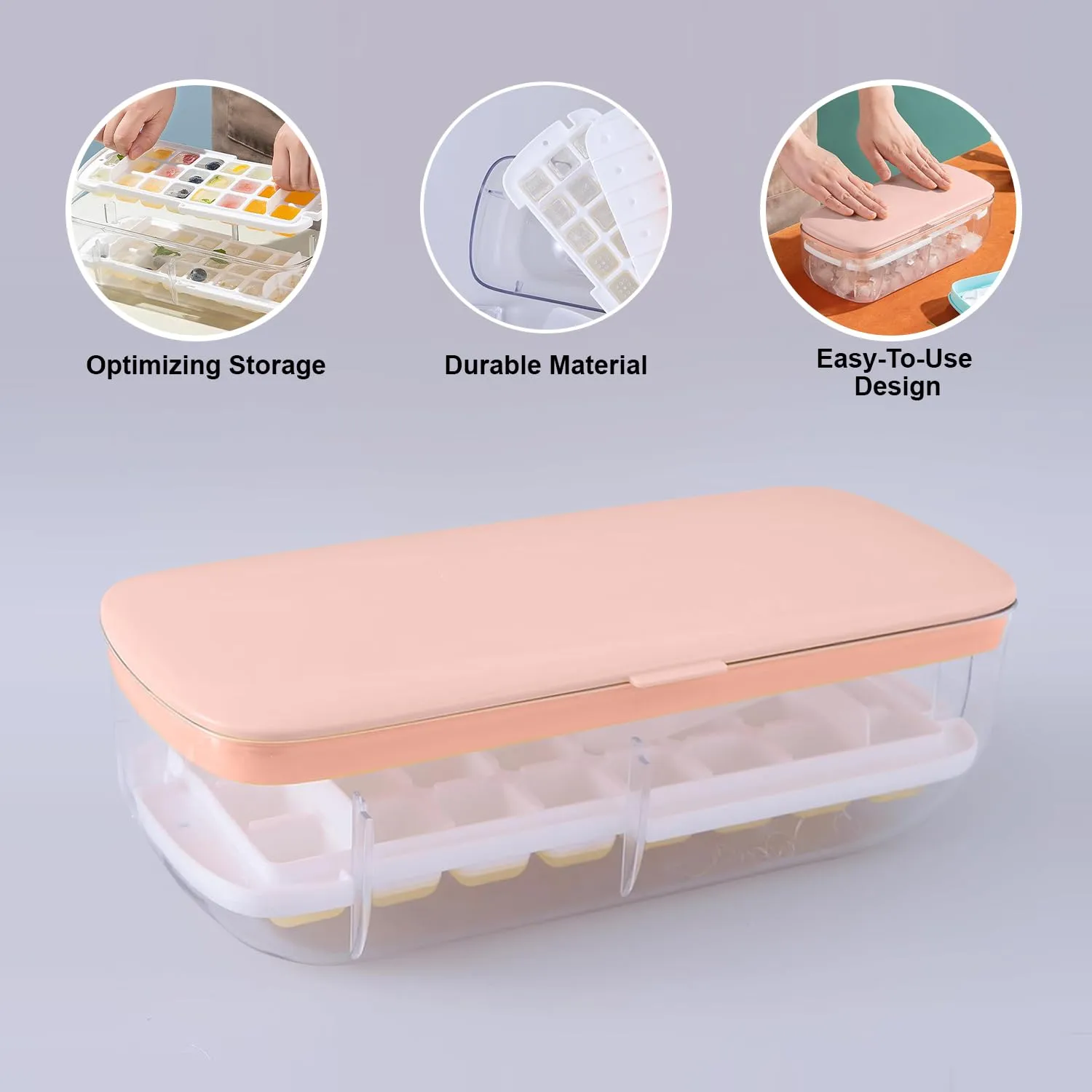 Homestic Ice Cube Tray with Lid | Ice Cube Storage Box with Ice Scoop | 24 Ice Cube Molds for Freezing | One-Press Demolding | BPA Free | Pink