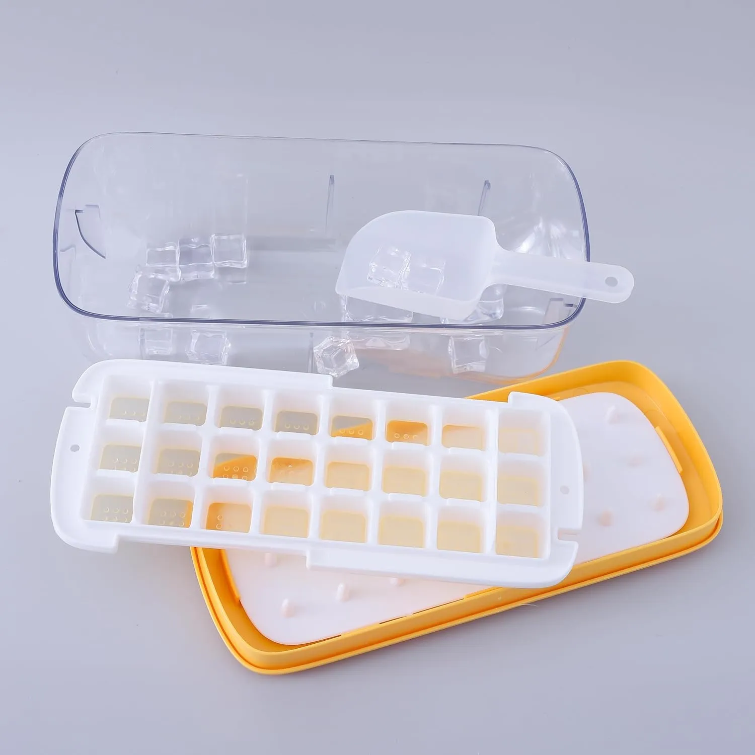 Homestic Ice Cube Tray with Lid | Ice Cube Storage Box with Ice Scoop | 24 Ice Cube Molds for Freezing | One-Press Demolding | BPA Free | Yellow