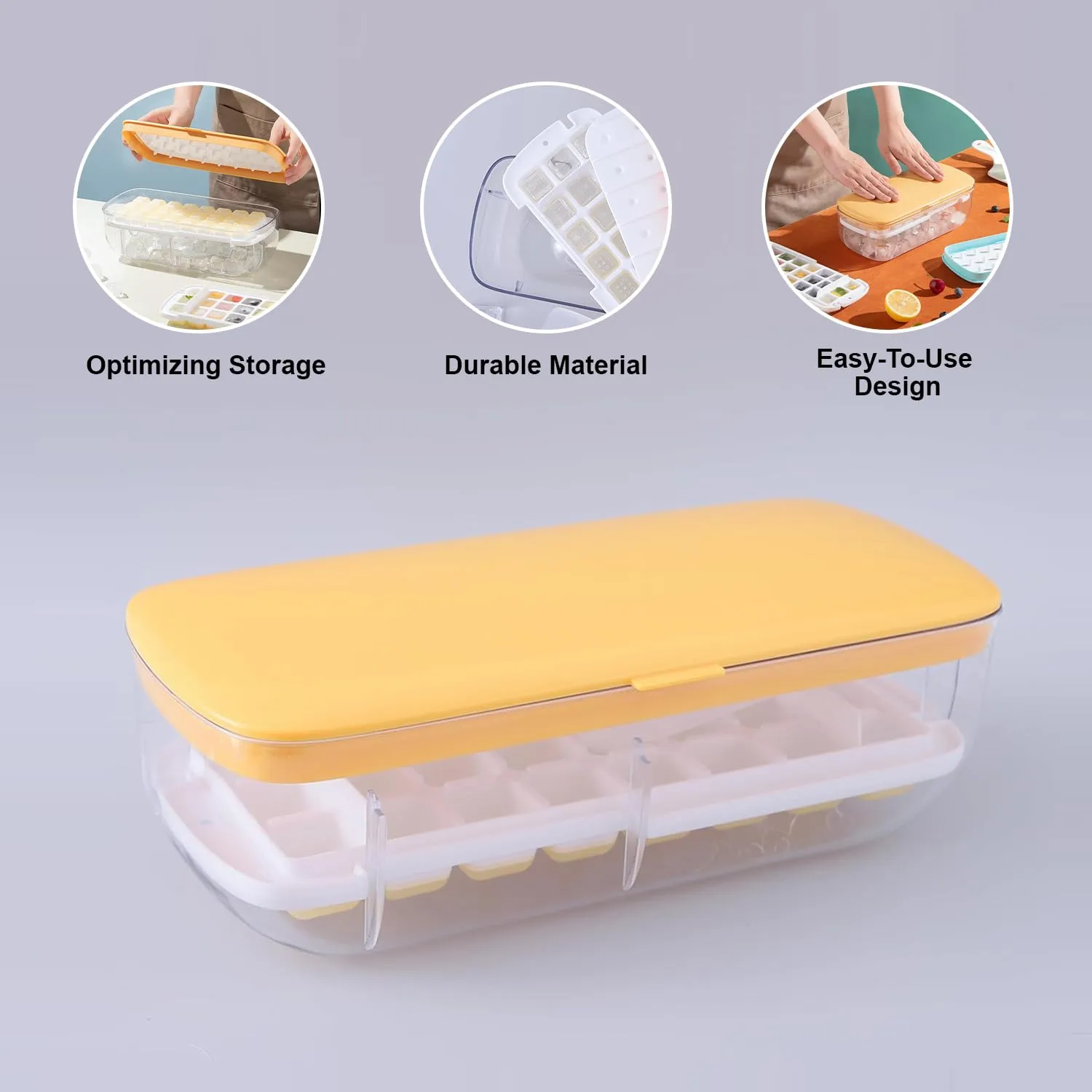 Homestic Ice Cube Tray with Lid | Ice Cube Storage Box with Ice Scoop | 24 Ice Cube Molds for Freezing | One-Press Demolding | BPA Free | Yellow