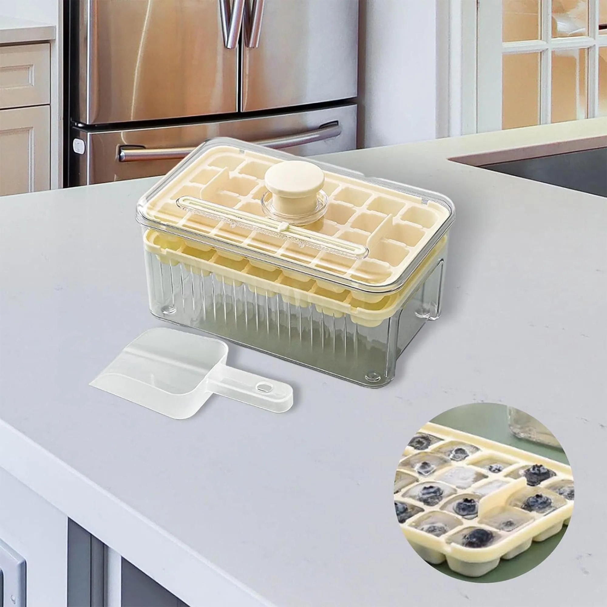 Kuber Industries 2 Layer Ice Cube Tray with Lid | Ice Cube Storage Box with Ice Scoop | 56 Ice Cube Molds for Freezing | One-Press Demolding | BPA Free | Beige