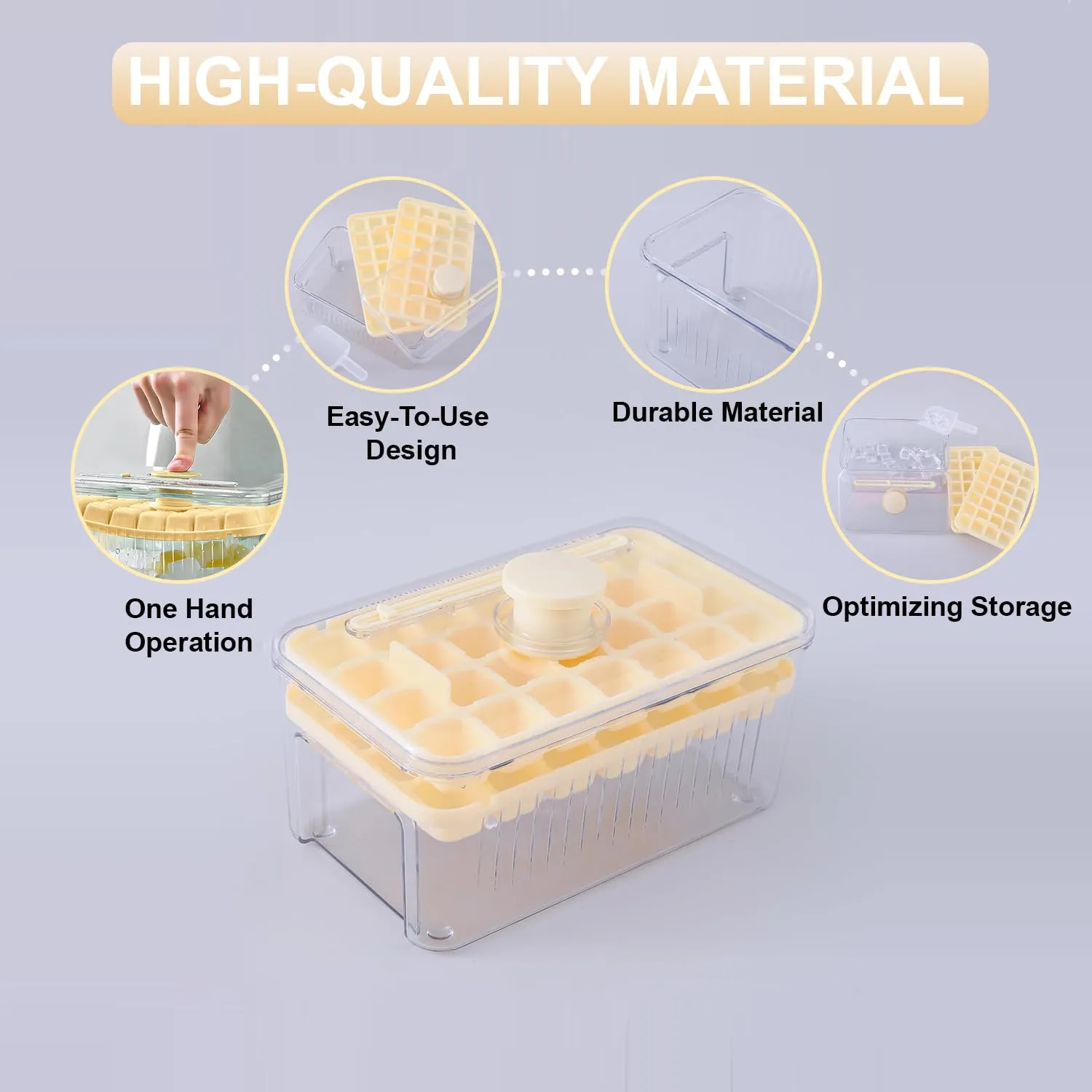 Kuber Industries 2 Layer Ice Cube Tray with Lid | Ice Cube Storage Box with Ice Scoop | 56 Ice Cube Molds for Freezing | One-Press Demolding | BPA Free | Beige