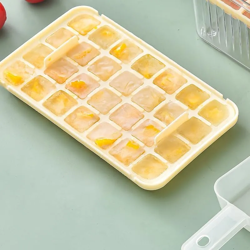 Kuber Industries 2 Layer Ice Cube Tray with Lid | Ice Cube Storage Box with Ice Scoop | 56 Ice Cube Molds for Freezing | One-Press Demolding | BPA Free | Beige