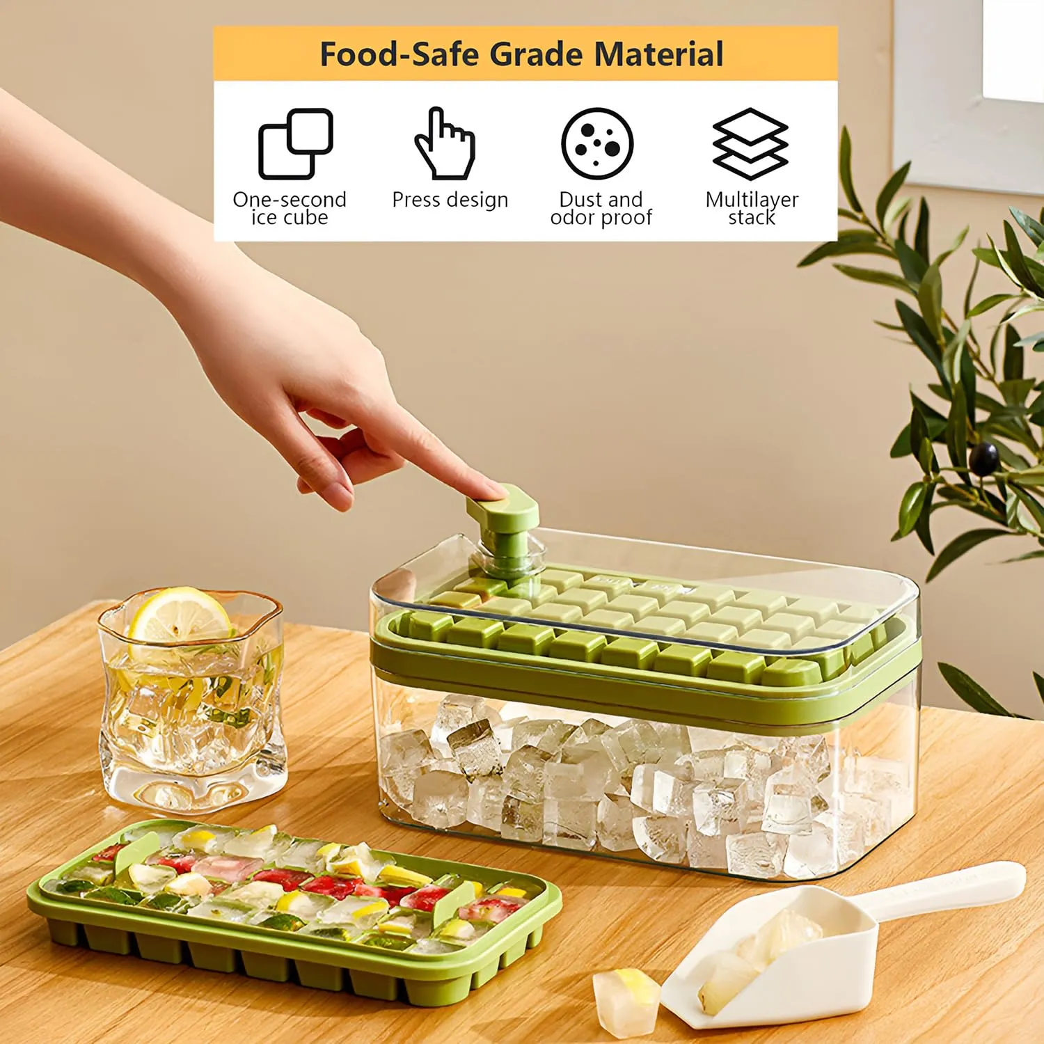 Kuber Industries Pack of 2| 2 Layer Ice Cube Tray with Lid | Ice Cube Storage Box with Ice Scoop | 64 Ice Cube Molds for Freezing | One-Press Demolding | BPA Free | Green