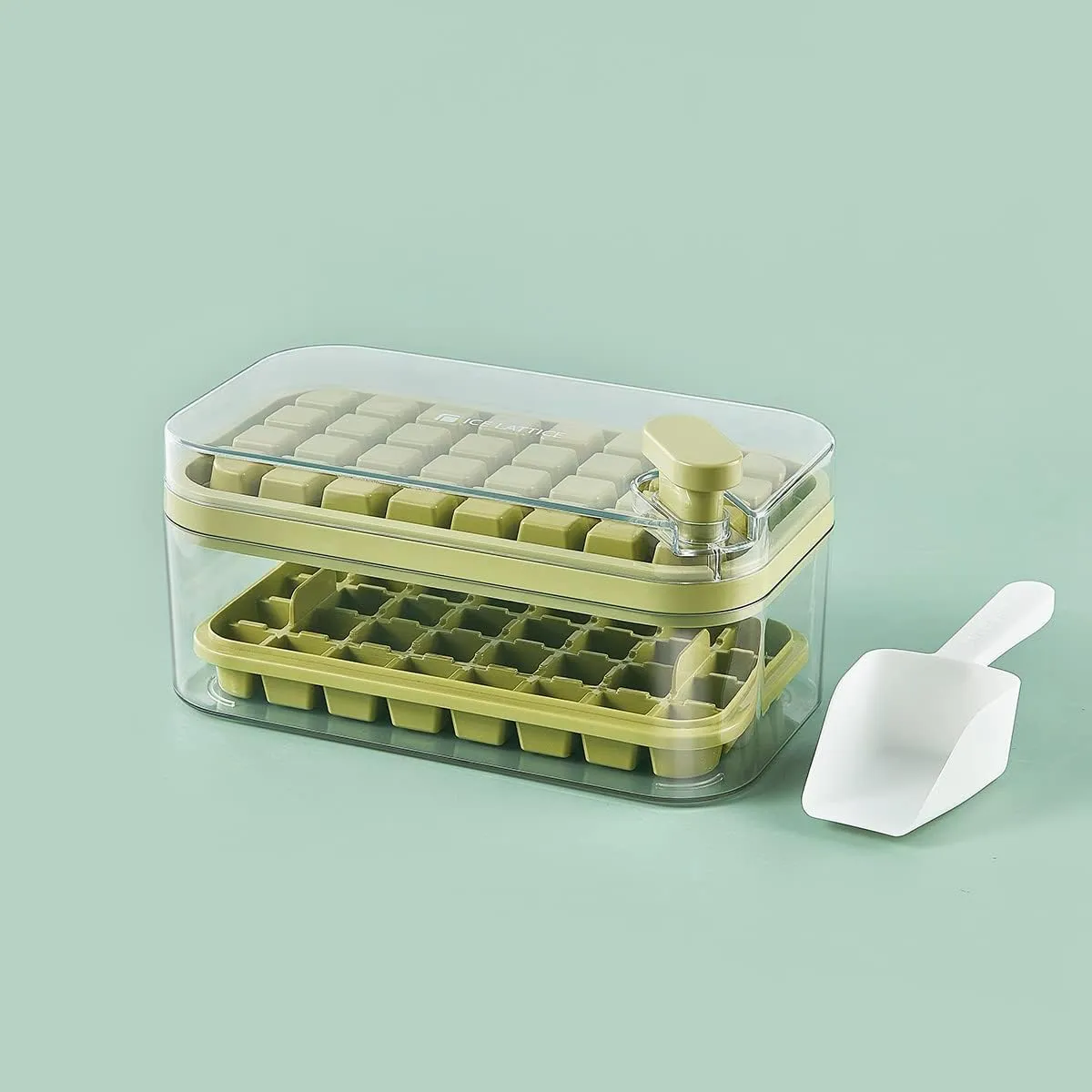 Kuber Industries Pack of 2| 2 Layer Ice Cube Tray with Lid | Ice Cube Storage Box with Ice Scoop | 64 Ice Cube Molds for Freezing | One-Press Demolding | BPA Free | Green