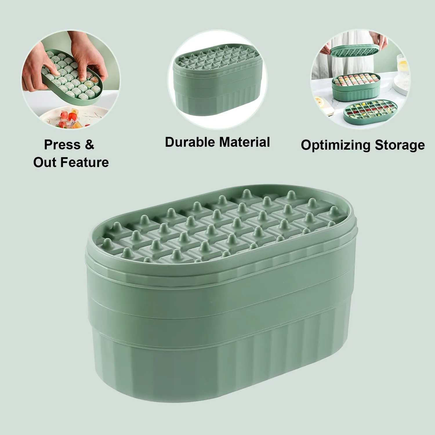 Kuber Industries Pack of 2| 2 Layer Ice Cube Tray with Lid | Ice Cube Storage Box with Ice Scoop | 72 Ice Cube Molds for Freezing | One-Press Demolding | BPA Free | Green