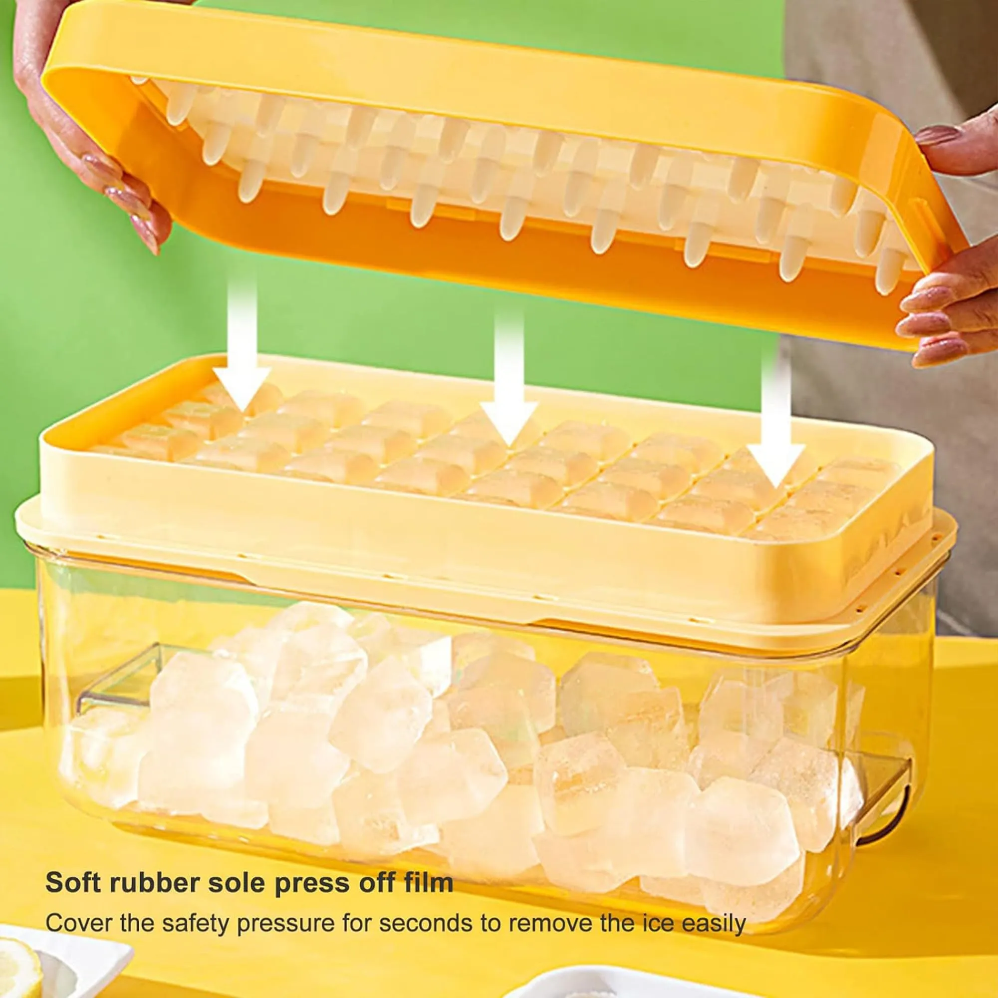 Kuber Industries Pack of 2|2 Layer Ice Cube Tray with Lid | Ice Cube Storage Box with Ice Scoop | 56 Ice Cube Molds for Freezing | One-Press Demolding | BPA Free | Orange