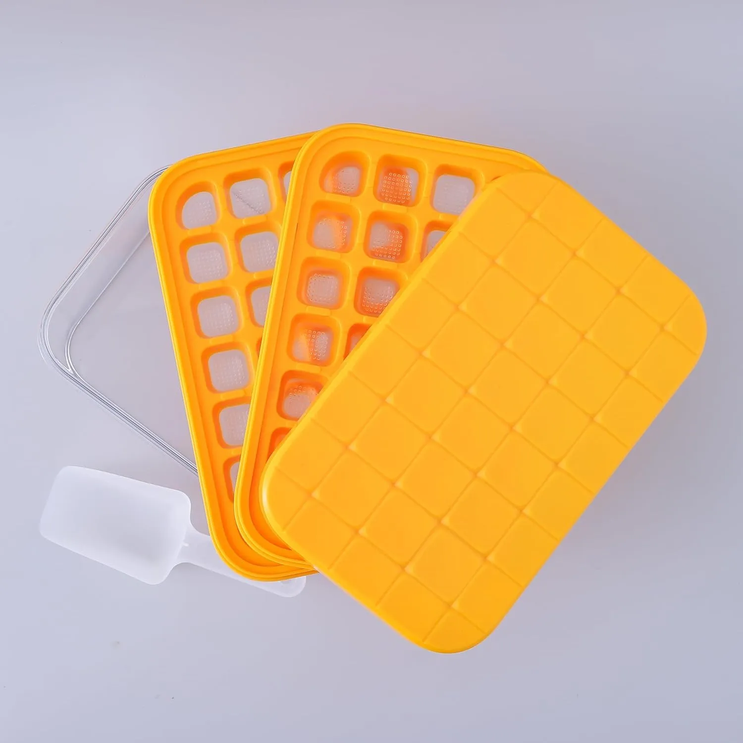 Kuber Industries Pack of 2|2 Layer Ice Cube Tray with Lid | Ice Cube Storage Box with Ice Scoop | 56 Ice Cube Molds for Freezing | One-Press Demolding | BPA Free | Orange