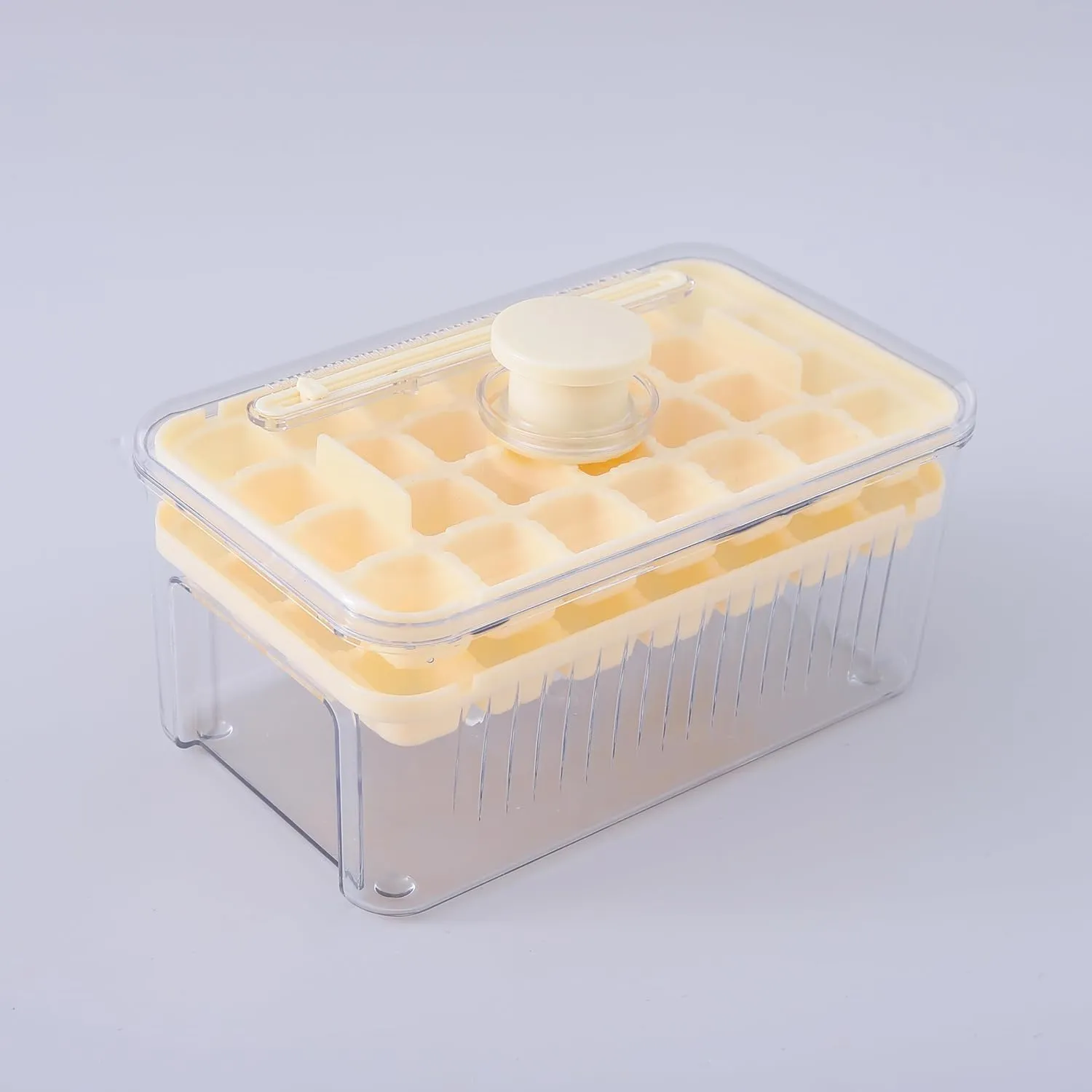 Kuber Industries Pack of 3| 2 Layer Ice Cube Tray with Lid | Ice Cube Storage Box with Ice Scoop | 56 Ice Cube Molds for Freezing | One-Press Demolding | BPA Free | Beige