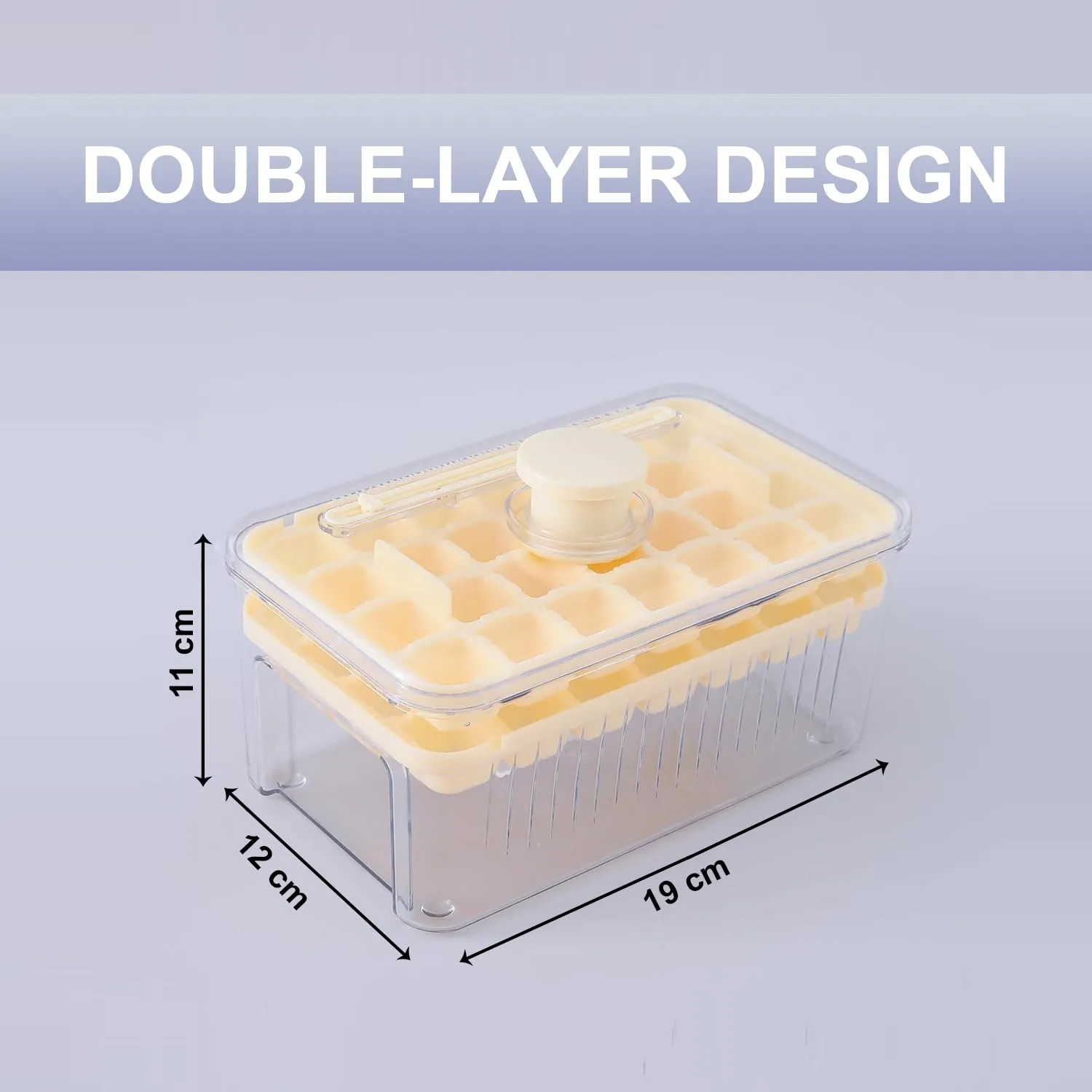 Kuber Industries Pack of 3| 2 Layer Ice Cube Tray with Lid | Ice Cube Storage Box with Ice Scoop | 56 Ice Cube Molds for Freezing | One-Press Demolding | BPA Free | Beige