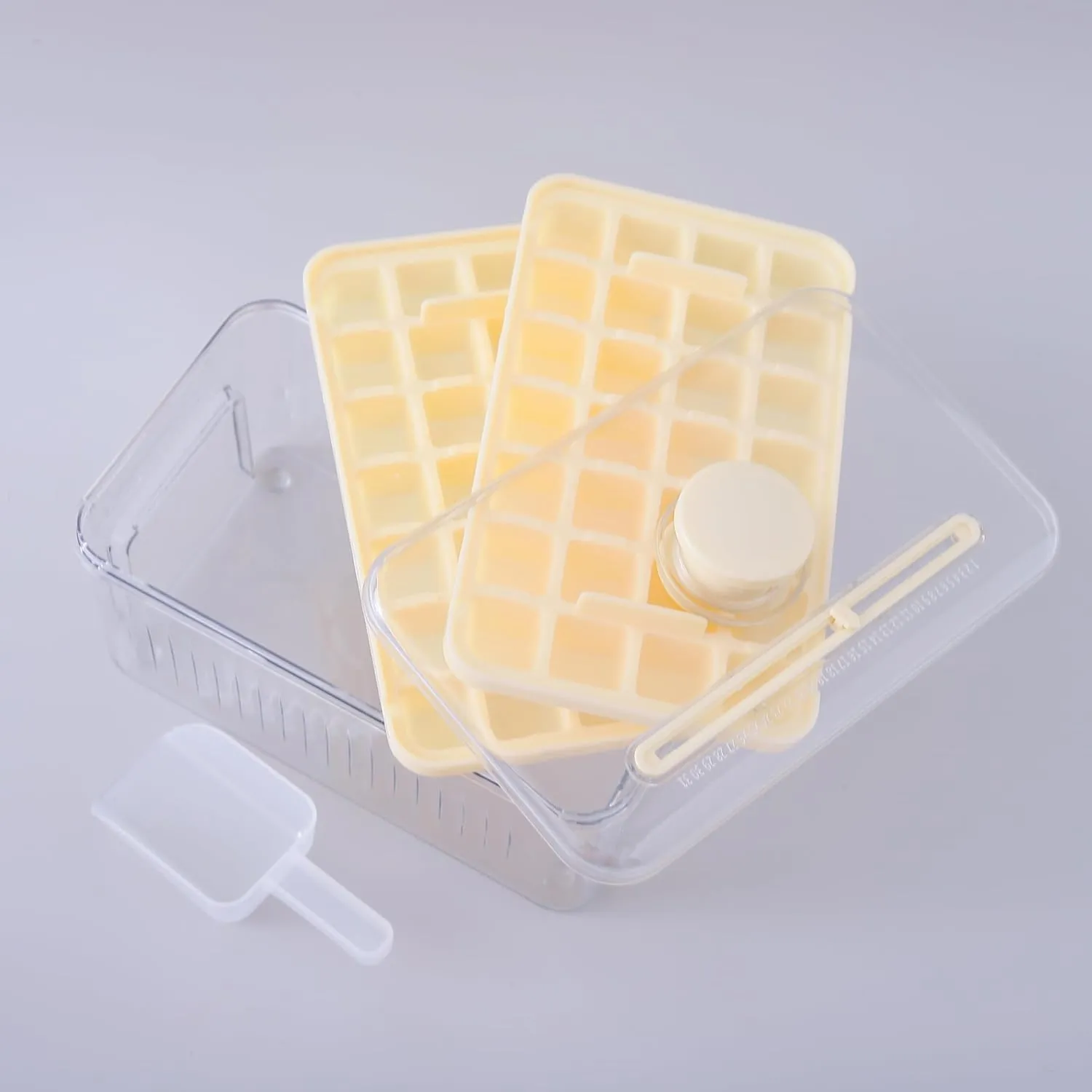 Kuber Industries Pack of 3| 2 Layer Ice Cube Tray with Lid | Ice Cube Storage Box with Ice Scoop | 56 Ice Cube Molds for Freezing | One-Press Demolding | BPA Free | Beige