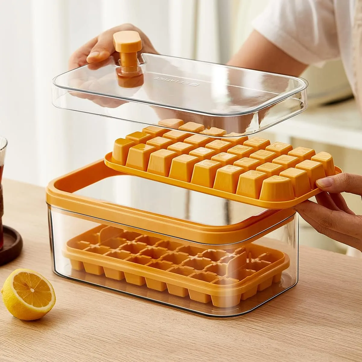 Kuber Industries Pack of 3|2 Layer Ice Cube Tray with Lid | Ice Cube Storage Box with Ice Scoop | 64 Ice Cube Molds for Freezing | One-Press Demolding | BPA Free | Orange