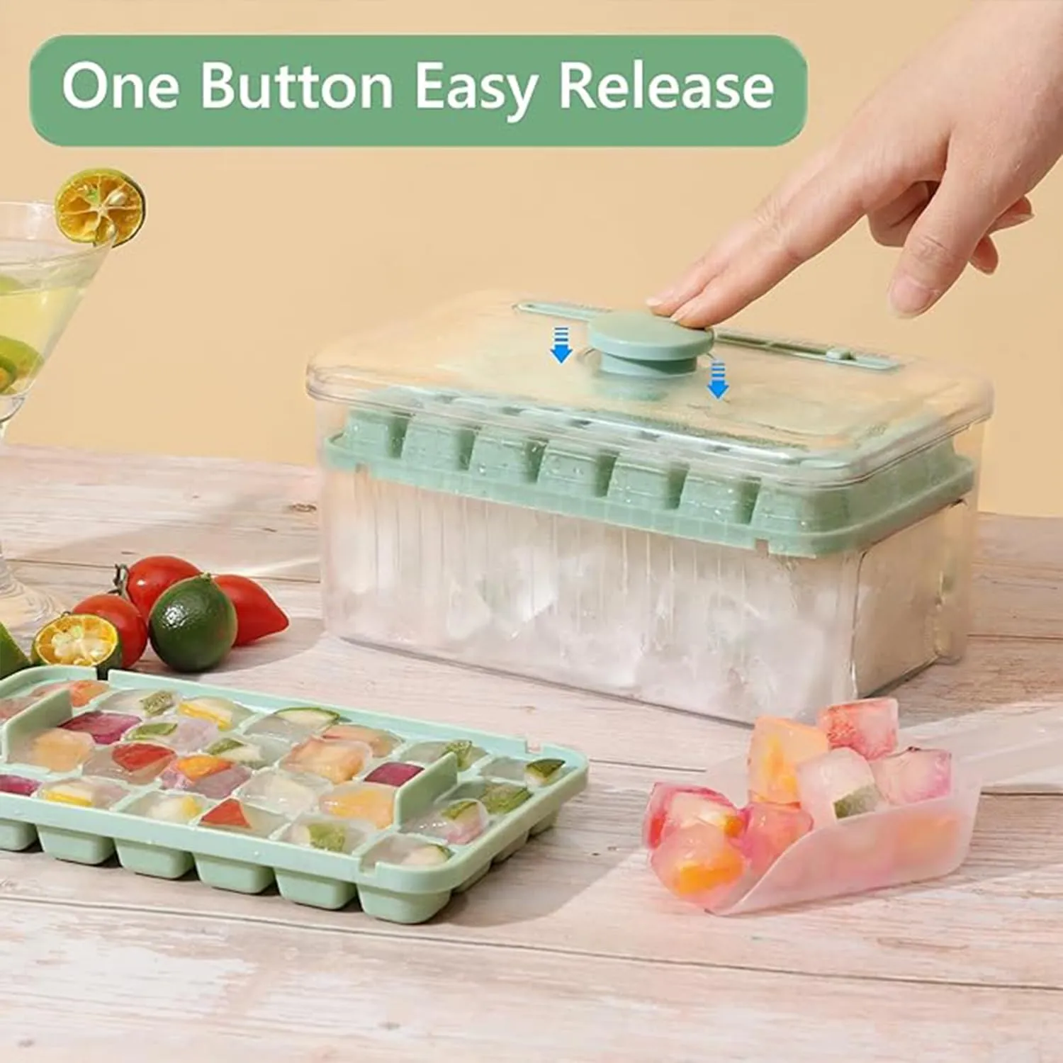 Kuber Industries Pack of 6| 2 Layer Ice Cube Tray with Lid | Ice Cube Storage Box with Ice Scoop | 56 Ice Cube Molds for Freezing | One-Press Demolding | BPA Free | Green