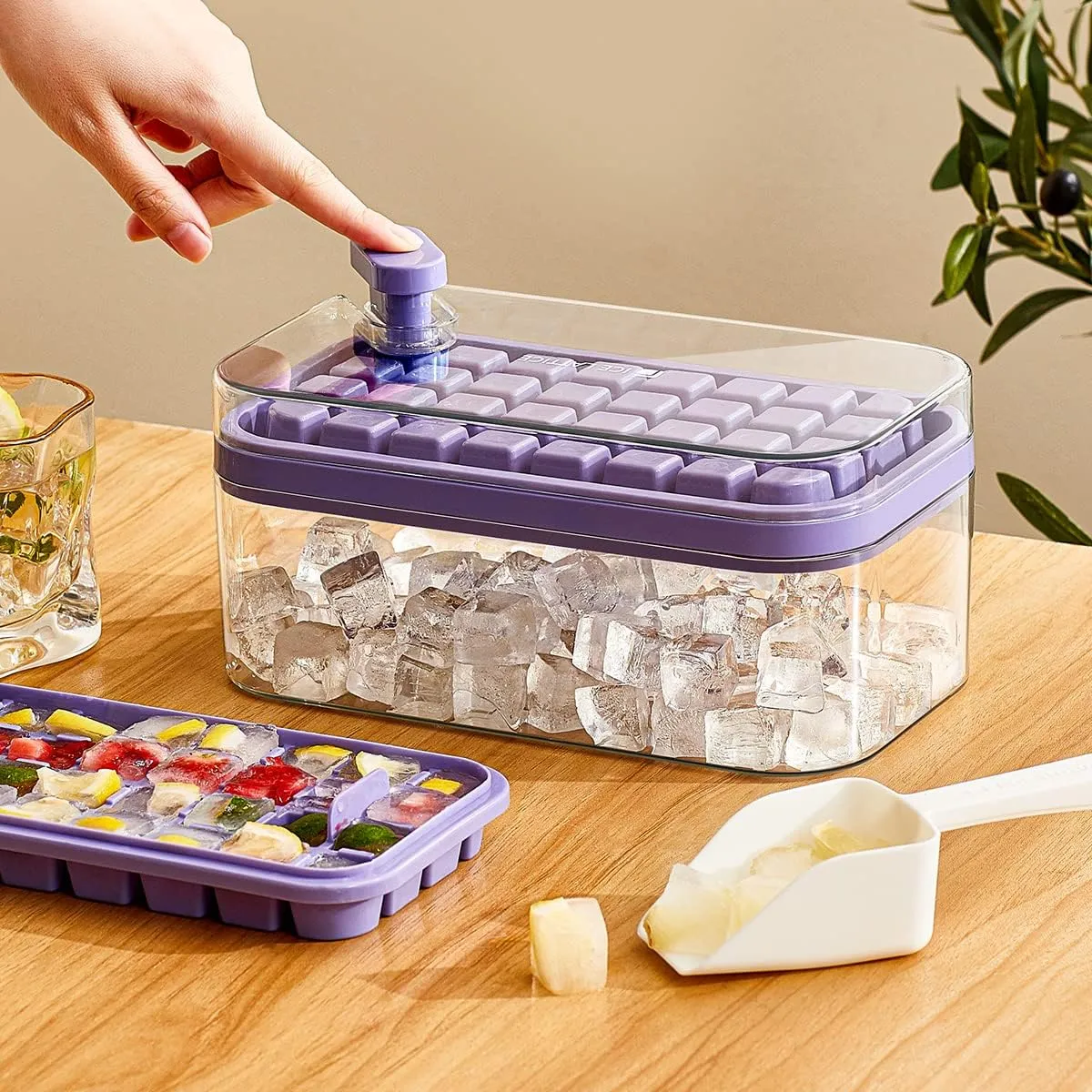 Kuber Industries Pack of 6| 2 Layer Ice Cube Tray with Lid | Ice Cube Storage Box with Ice Scoop | 64 Ice Cube Molds for Freezing | One-Press Demolding | BPA Free | Purple