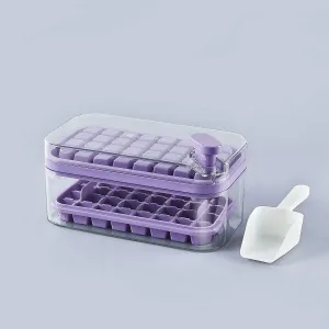 Kuber Industries Pack of 6| 2 Layer Ice Cube Tray with Lid | Ice Cube Storage Box with Ice Scoop | 64 Ice Cube Molds for Freezing | One-Press Demolding | BPA Free | Purple