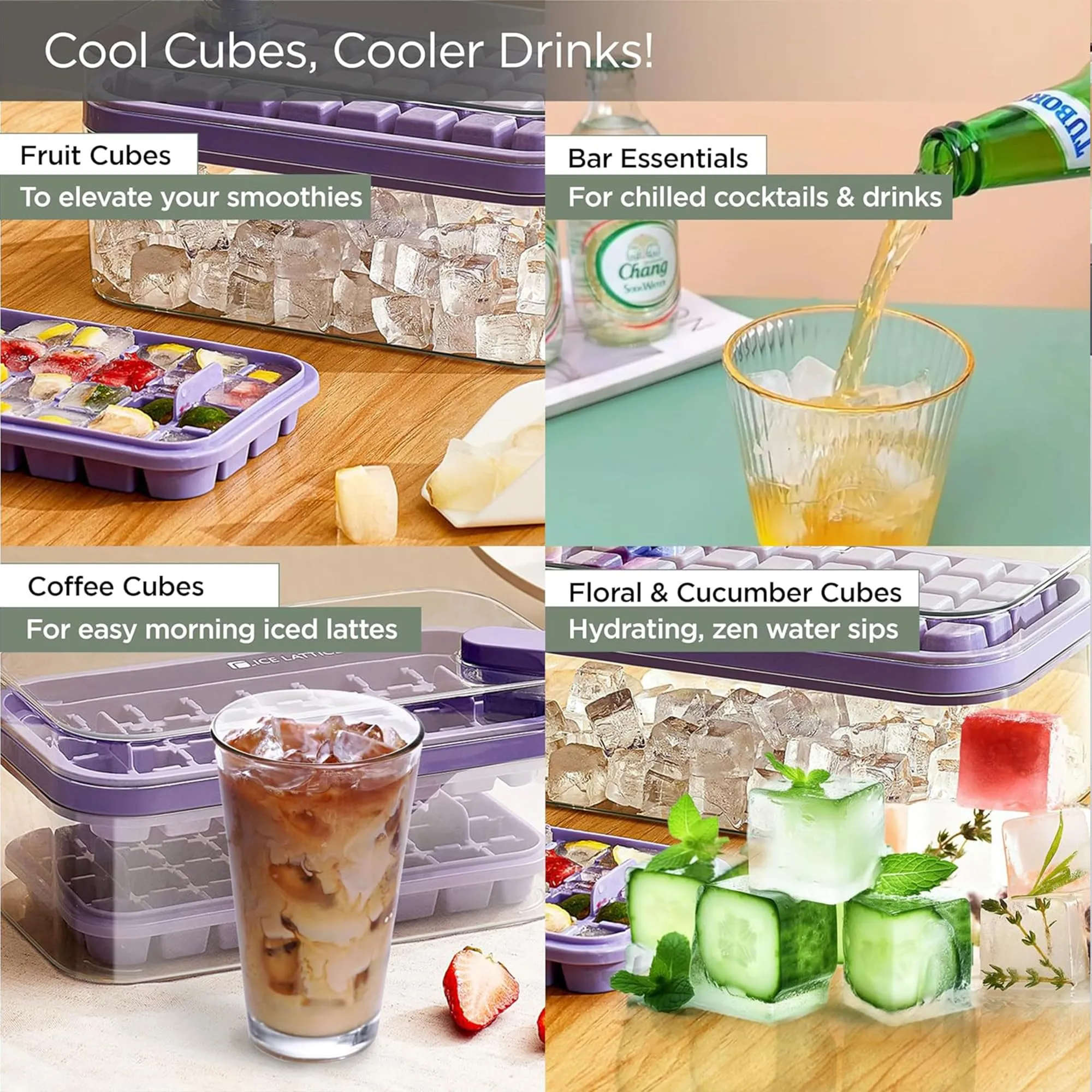 Kuber Industries Pack of 6| 2 Layer Ice Cube Tray with Lid | Ice Cube Storage Box with Ice Scoop | 64 Ice Cube Molds for Freezing | One-Press Demolding | BPA Free | Purple