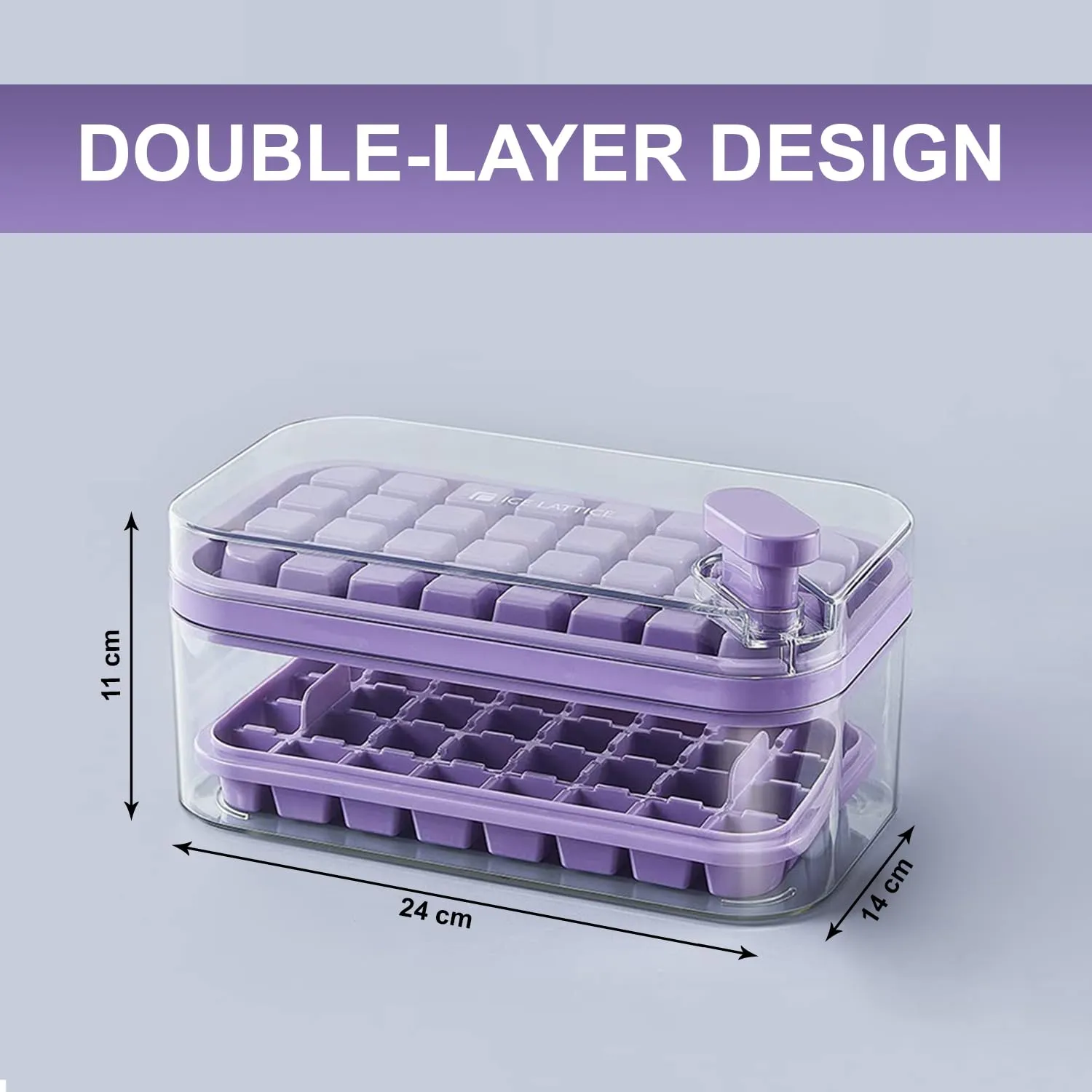 Kuber Industries Pack of 6| 2 Layer Ice Cube Tray with Lid | Ice Cube Storage Box with Ice Scoop | 64 Ice Cube Molds for Freezing | One-Press Demolding | BPA Free | Purple