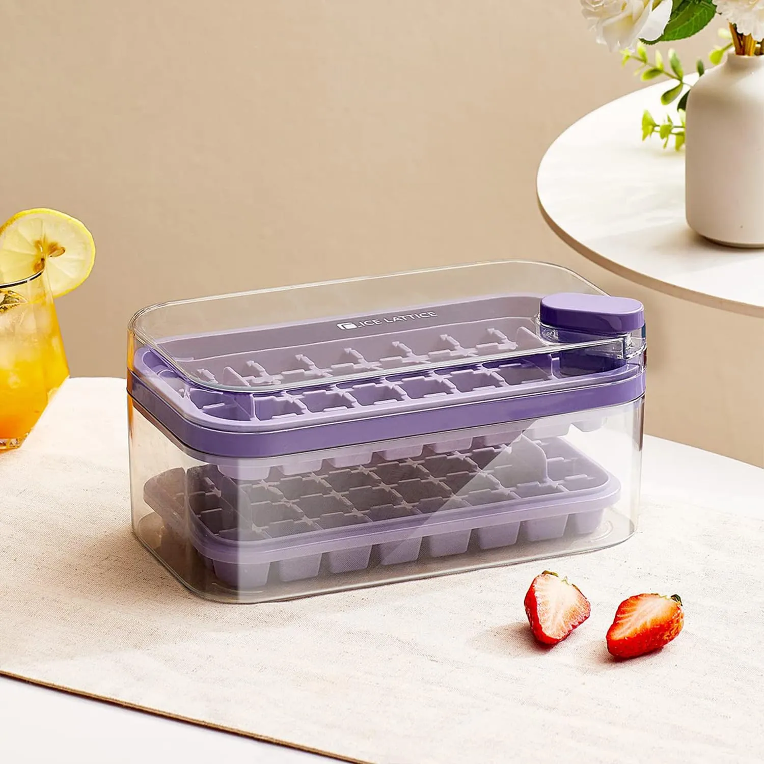 Kuber Industries Pack of 6| 2 Layer Ice Cube Tray with Lid | Ice Cube Storage Box with Ice Scoop | 64 Ice Cube Molds for Freezing | One-Press Demolding | BPA Free | Purple