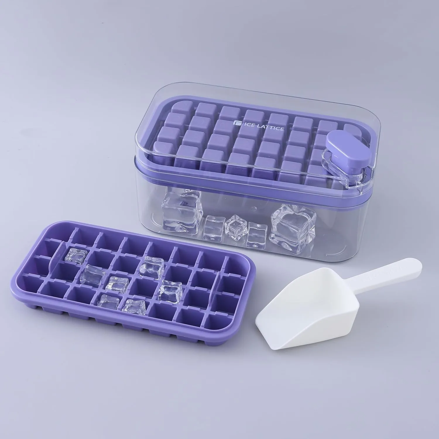 Kuber Industries Pack of 6| 2 Layer Ice Cube Tray with Lid | Ice Cube Storage Box with Ice Scoop | 64 Ice Cube Molds for Freezing | One-Press Demolding | BPA Free | Purple