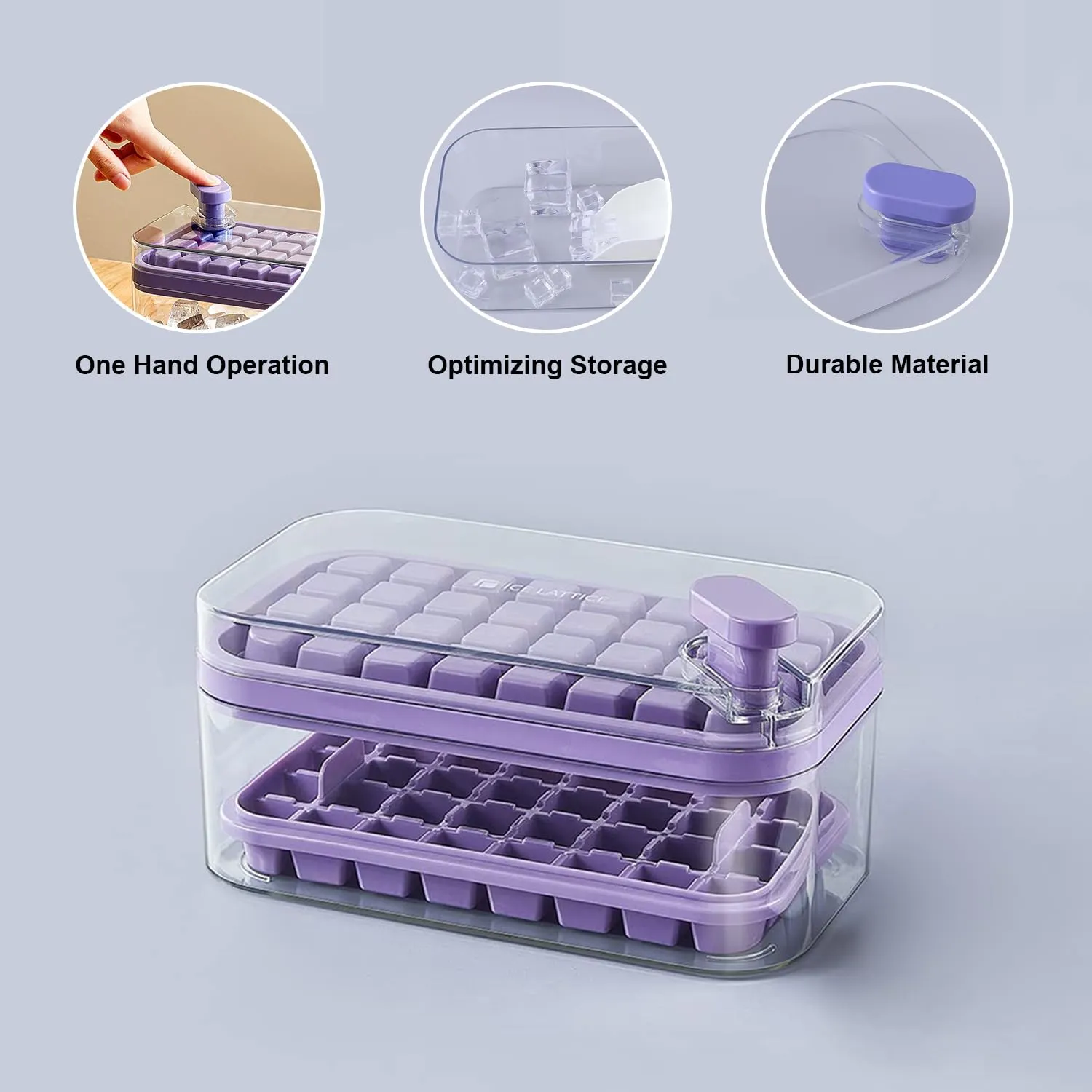 Kuber Industries Pack of 6| 2 Layer Ice Cube Tray with Lid | Ice Cube Storage Box with Ice Scoop | 64 Ice Cube Molds for Freezing | One-Press Demolding | BPA Free | Purple