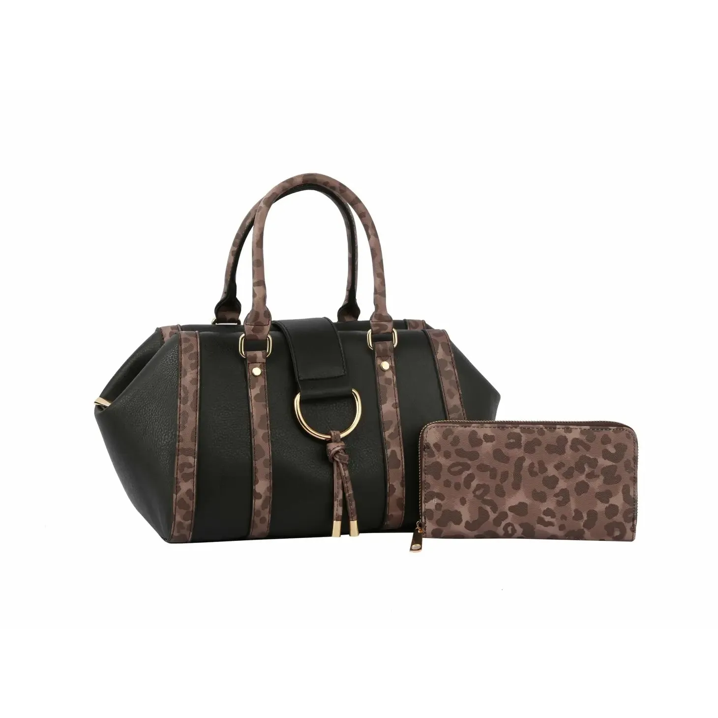 Leopard Trim Detailed Satchel with Wallet