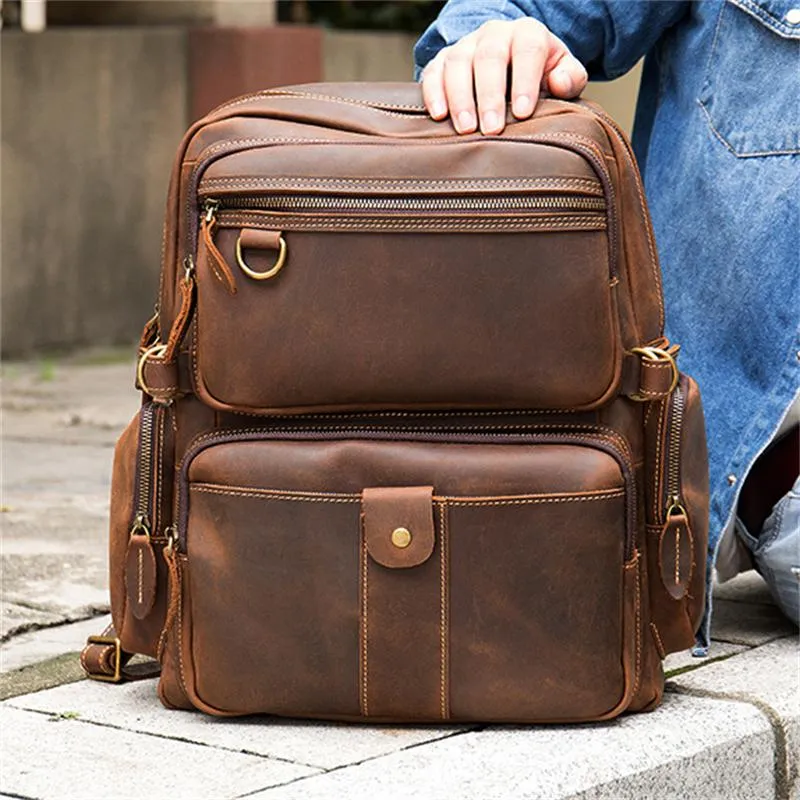 Retro Leather Large-Capacity Computer Bag Adjustable Shoulder Strap Design Travel Backpack