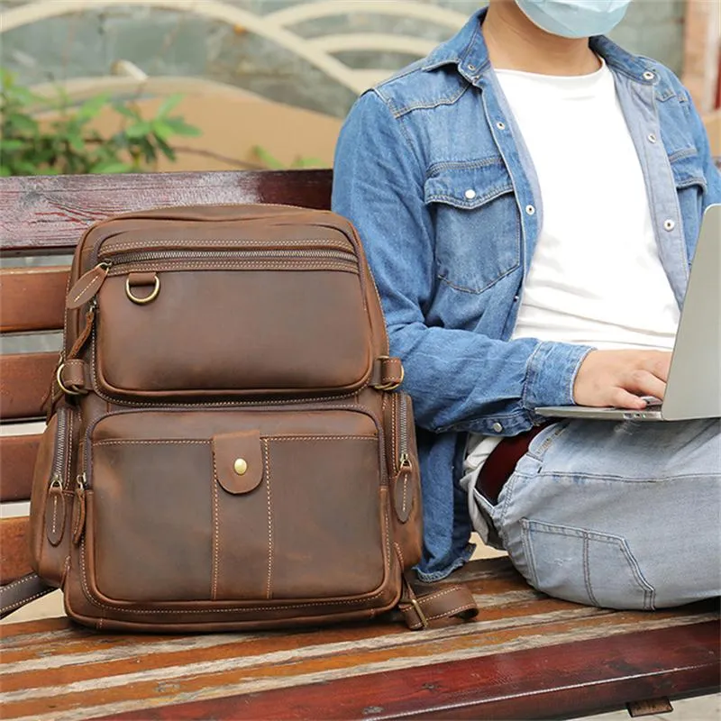 Retro Leather Large-Capacity Computer Bag Adjustable Shoulder Strap Design Travel Backpack