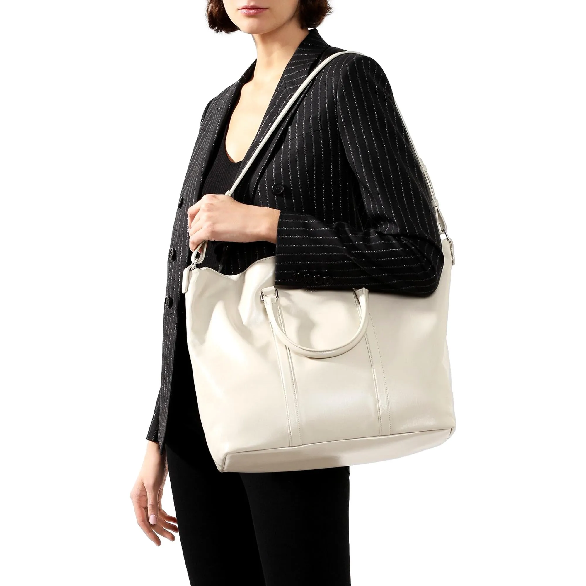 Saint Laurent Supple Ivory Calf Leather Large Convertible Tote Bag