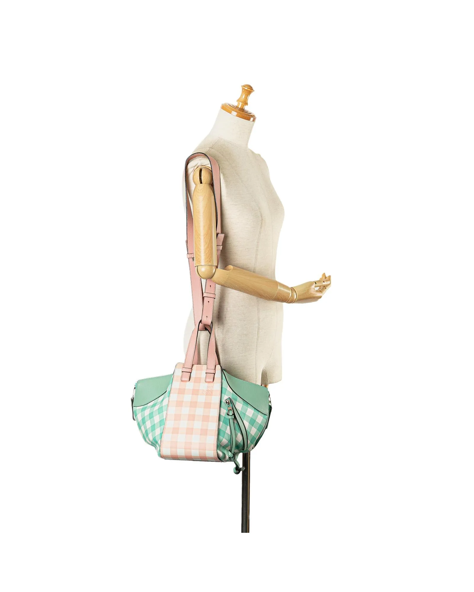 Small Hammock Gingham Leather Bag with Flat Handles and Exterior Pocket