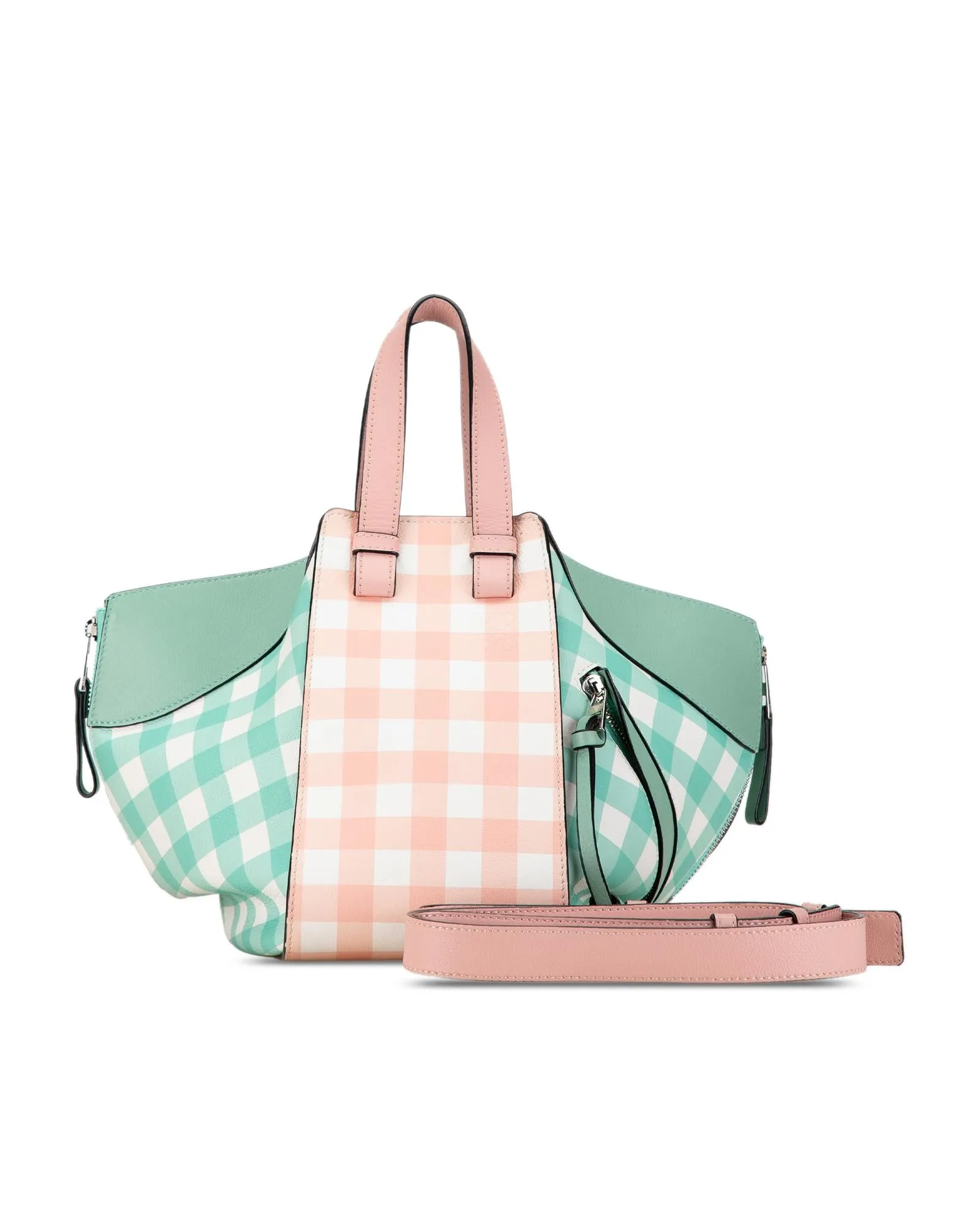 Small Hammock Gingham Leather Bag with Flat Handles and Exterior Pocket