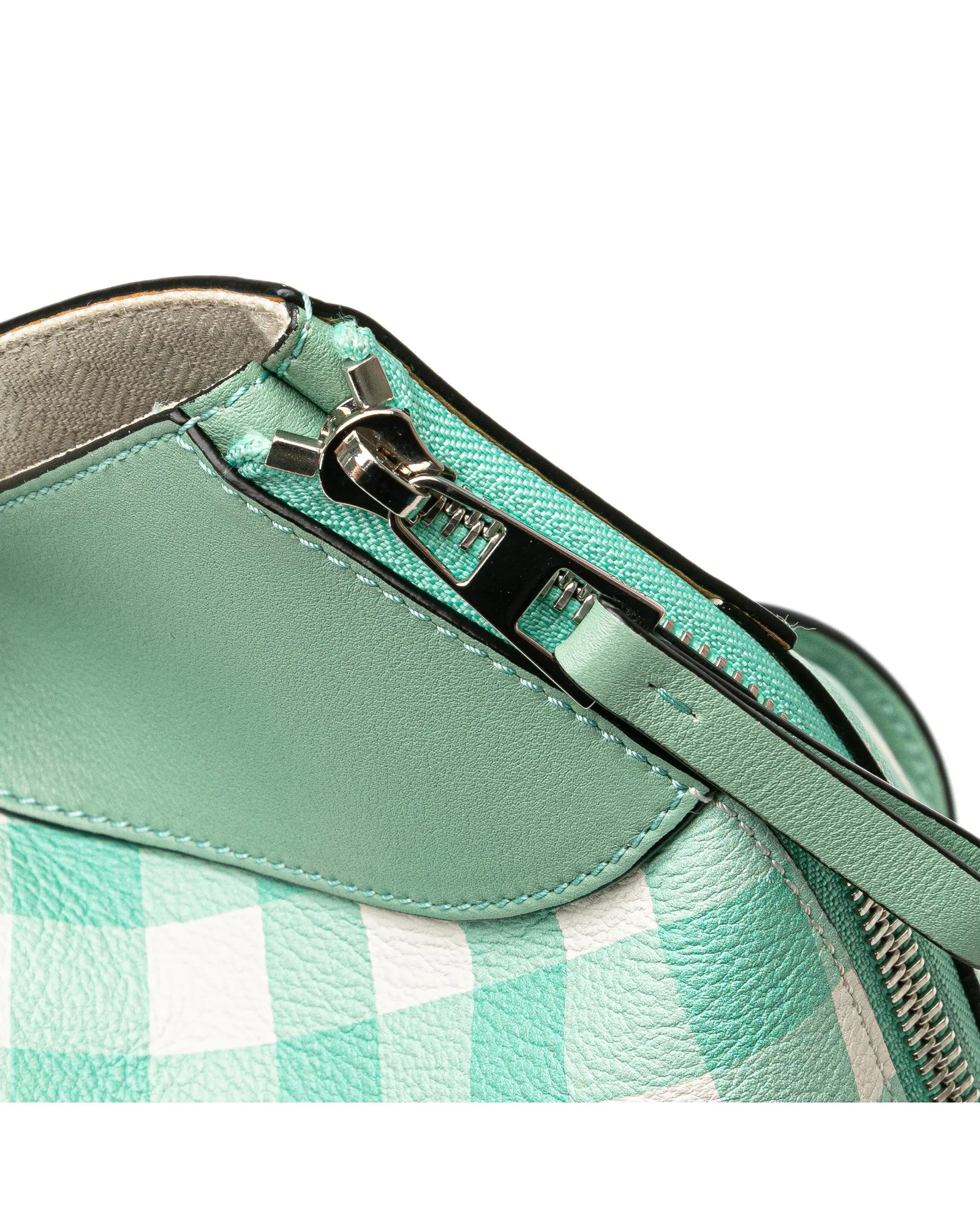 Small Hammock Gingham Leather Bag with Flat Handles and Exterior Pocket