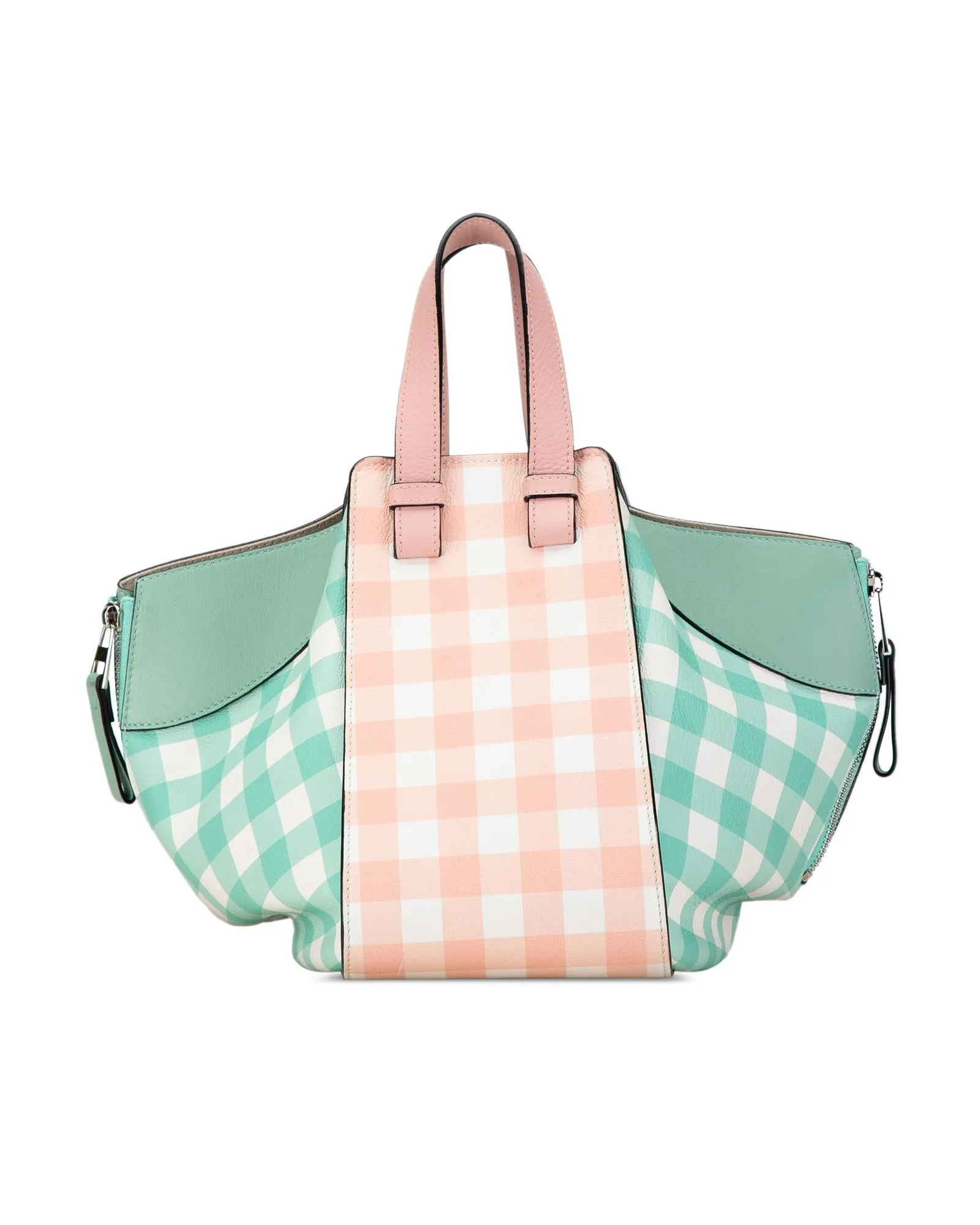 Small Hammock Gingham Leather Bag with Flat Handles and Exterior Pocket