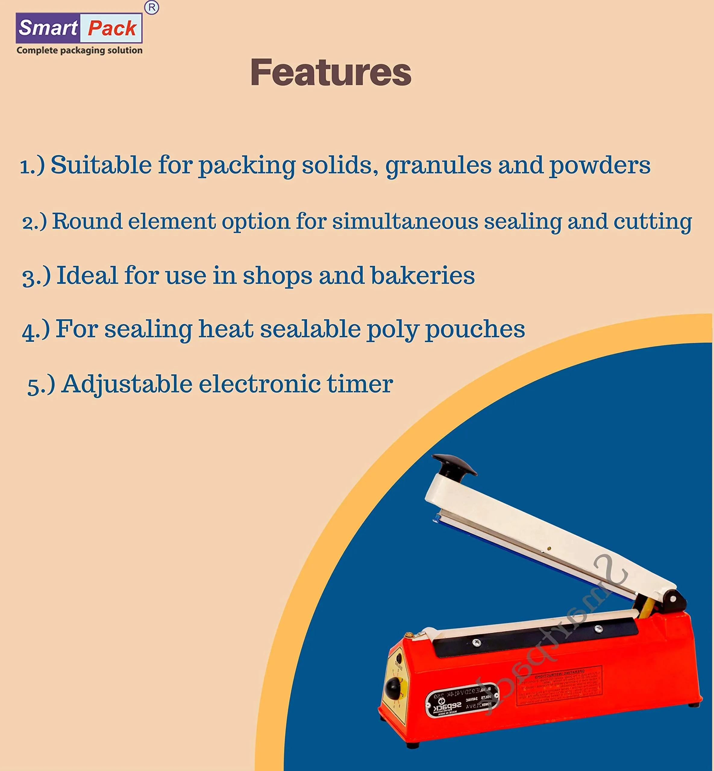 SMART PACK Manual Impulse Type Hand Machine for Sealing of Plastic Poly Pouches and HDPE Bags (Orange, 8 inch)