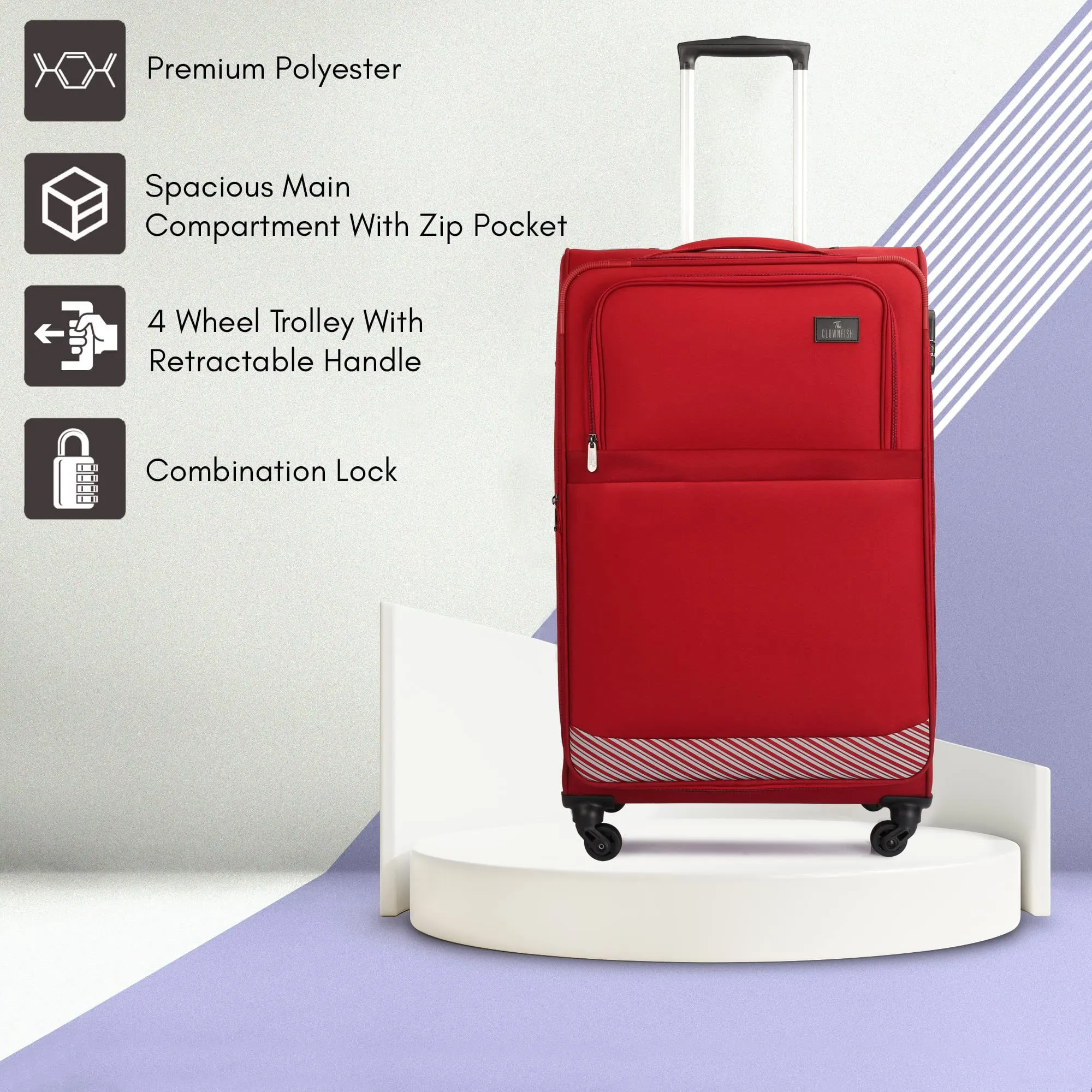 THE CLOWNFISH Combo of 3 Sydney Luggage Polyester Soft Case Suitcases Varied Sizes Four Wheel Trolley Bags - Red (56 cm, 67 cm, 78 cm)