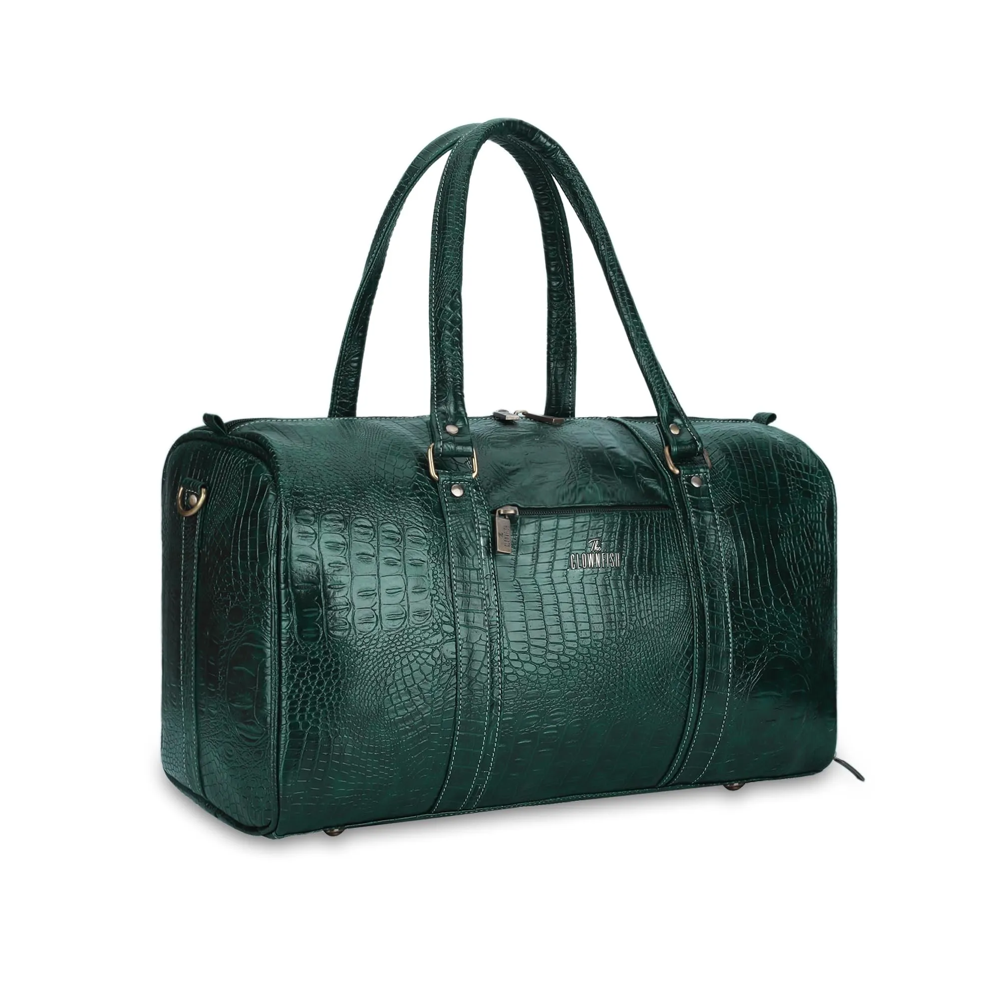 The Clownfish Meadow Series Faux Leather Crocodile Texture 26 LTR Travel Duffel Bag with Side Shoe Compartment | Cabin Luggage | Weekender Bag (Forest Green)