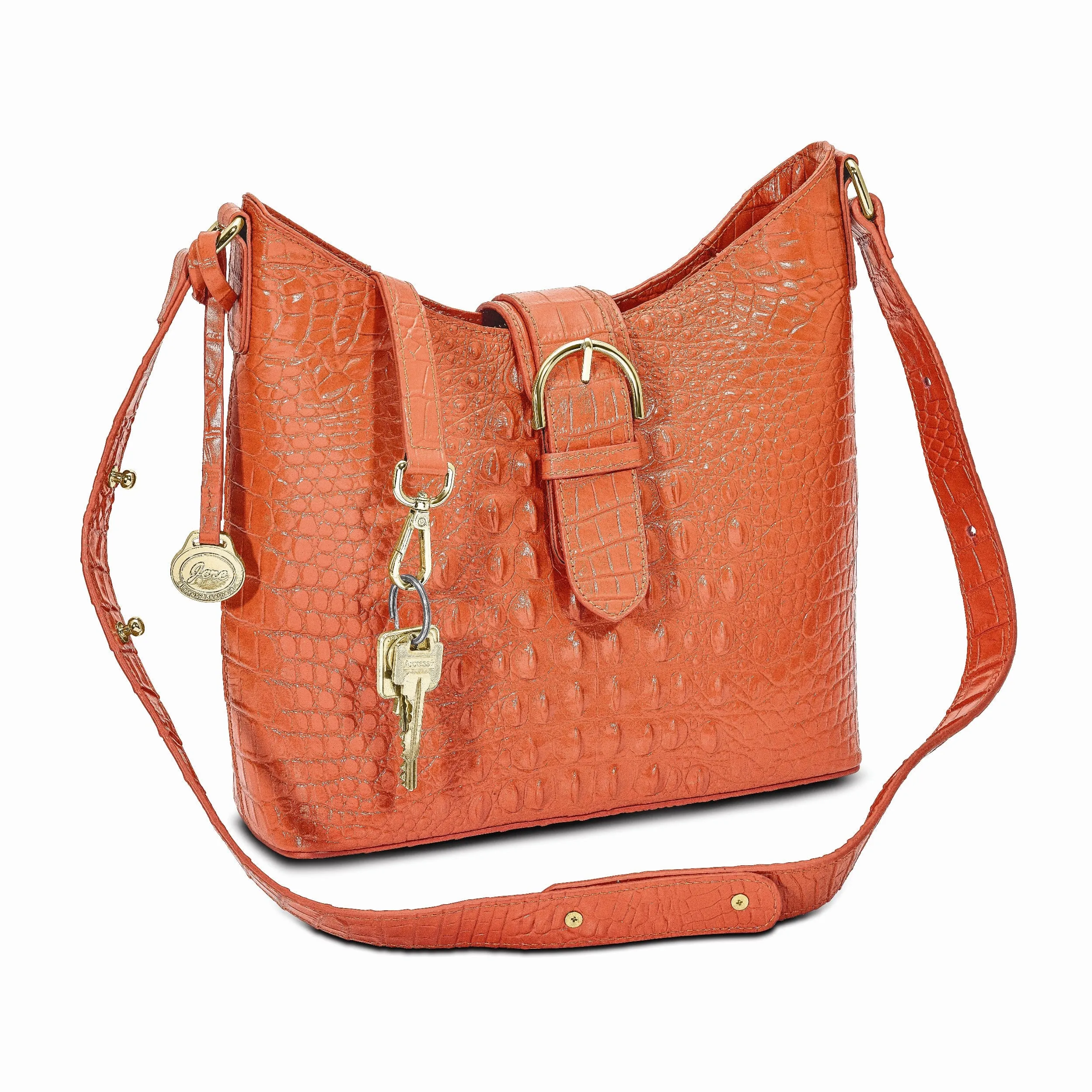 Top Grain Leather Croc Texture Cotton Lining with Removable Center and Side Zip Compartment Two Slip and Pen Pockets Key Fob Metal Feet Marigold Zip top with Magentic Buckle Strap Handbag