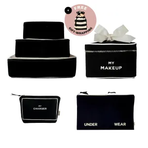 Travel Glam 4-Pack: Organize, Lingerie, Makeup & Tech, Black